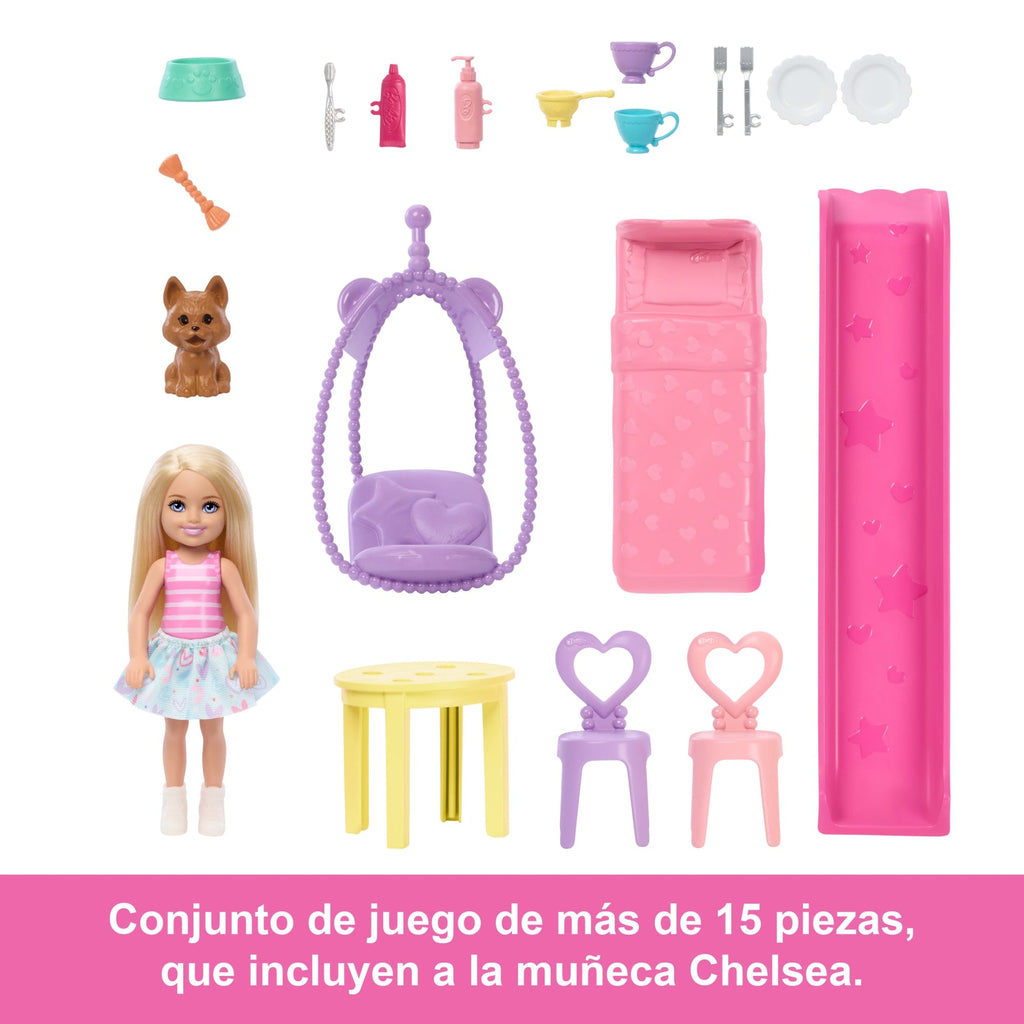 Casa De Muñecas Desplegable De Chelsea De Barbie Con Muñeca Y Más De 15 Accesorios, La Casa Se Amplía A Más De 43,2X33Cm