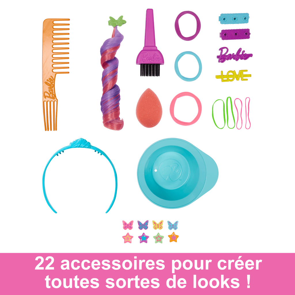 Barbie-Ultra Chevelure-Tête À Coiffer Brune Frisée Mèches Arc-En-Ciel