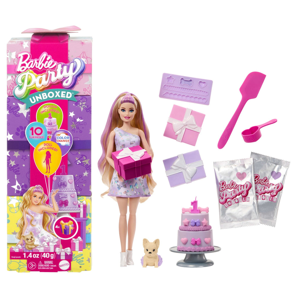 Barbie Party Unboxed Imprezowe niespodzianki Urodziny pieska Lalka i akcesoria Zestaw Zabawka 3+ Mix