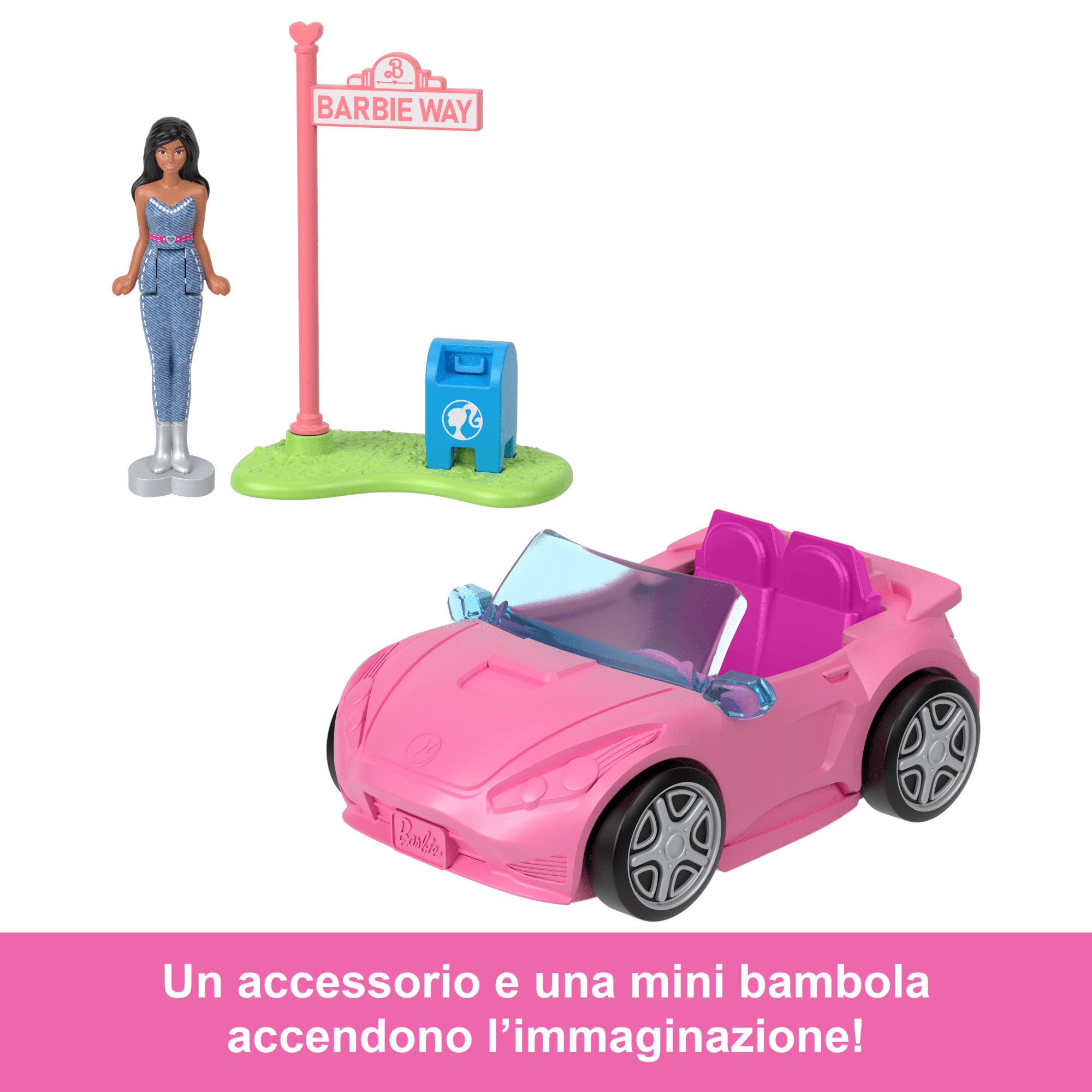Barbie Mini Barbieland, Set Con Veicolo E Bambola Da 3,8 Cm, Decappottabile Con Effetto Cambia Colore