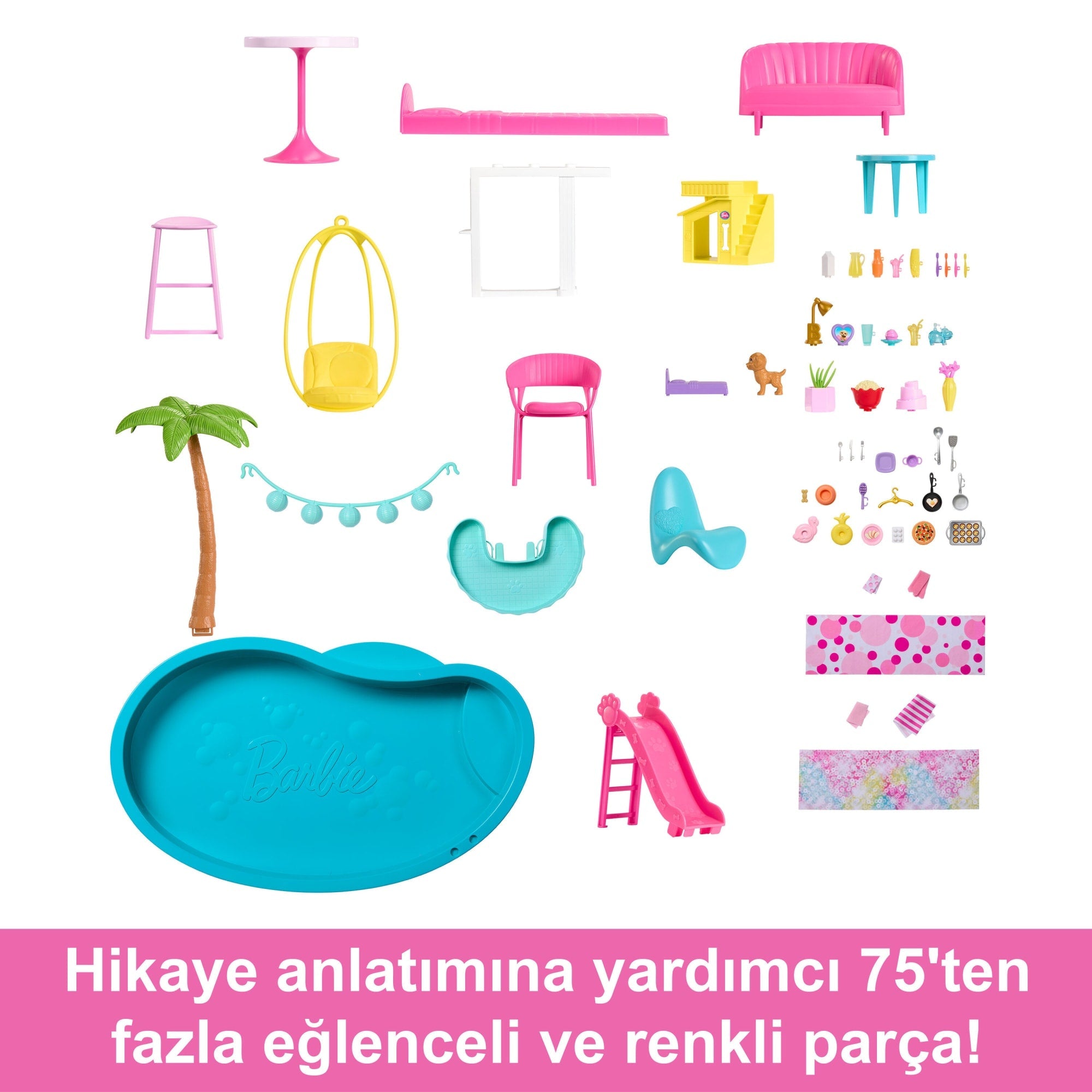 Barbie Rüya Evi, 75'Ten Fazla Parça, 3 Katlı Kaydıraklı Havuz Partisi Bebek Evi