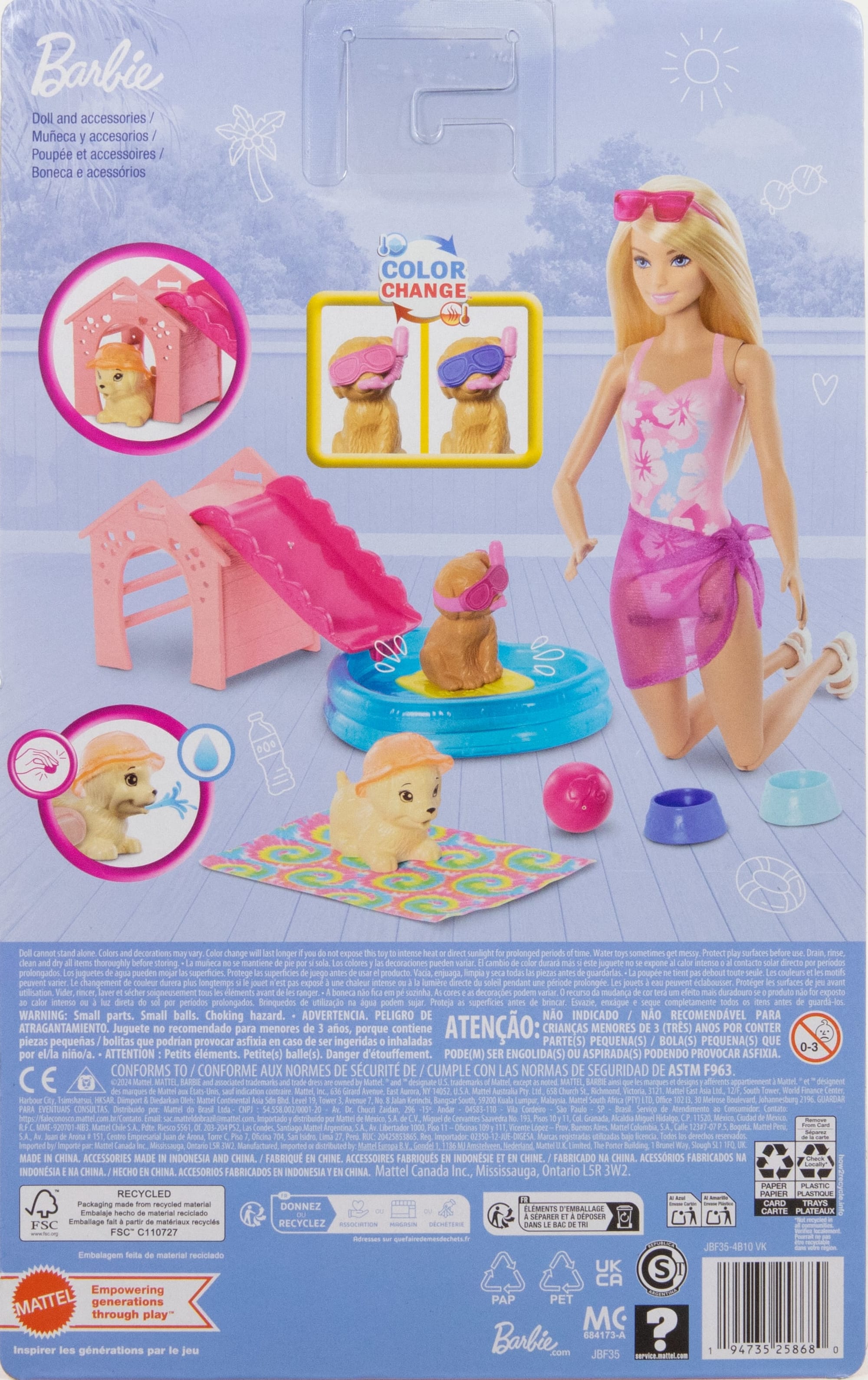 Barbie Fiesta De Cachorros En La Piscina Conjunto De Juego Con Muñeca, Piscina, Casita Para Perros Y Tobogán, DOS Figuras De Mascotas Y Seis Accesorios