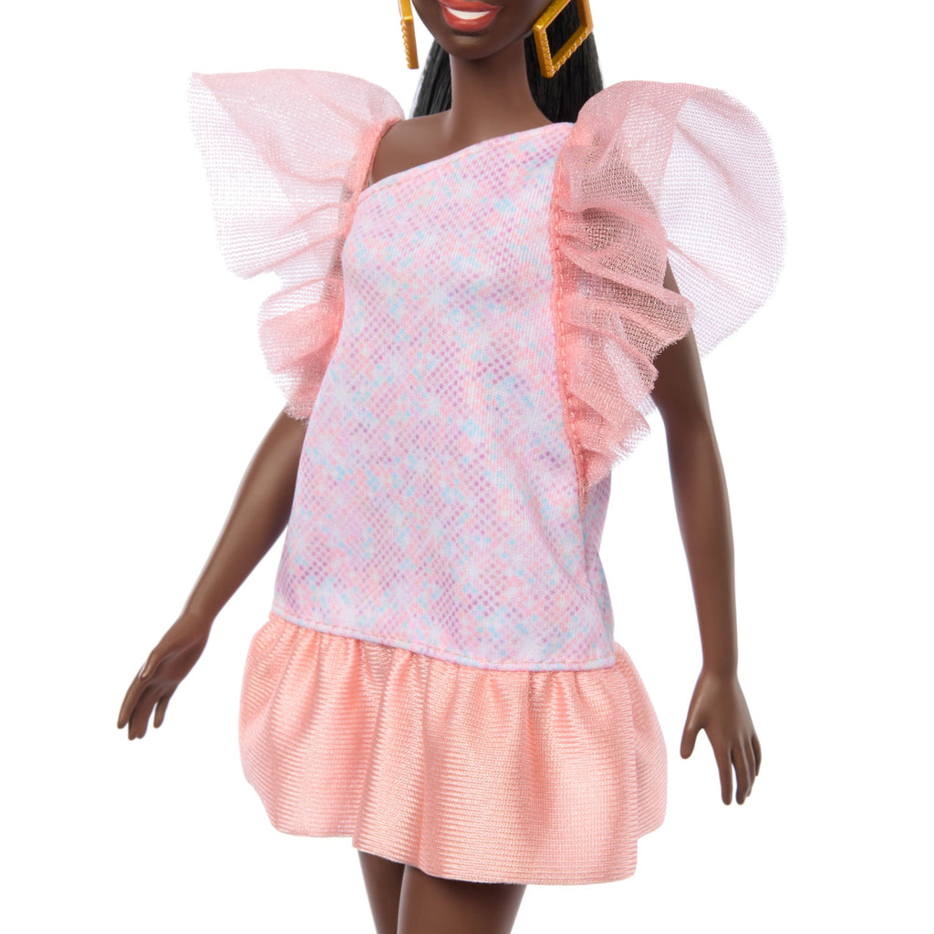 Barbie Fashionistas Puppe Nr. 216 Mit Großem Körperbau, Schwarzen Glatten Haaren Und Apricotfarbenem Kleid, 65-Jähriges Jubiläum