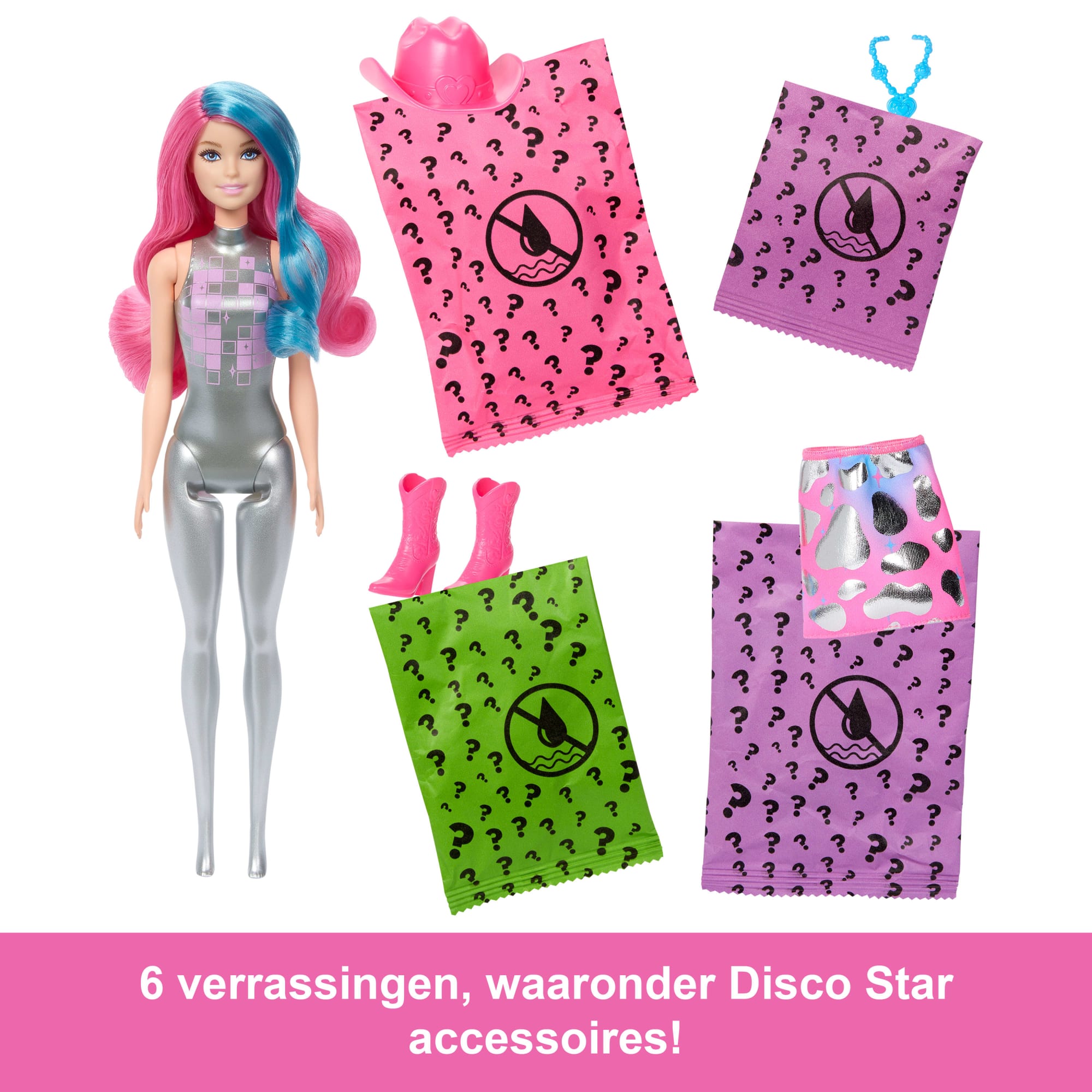 Barbie Color Reveal Discoster Serie, Modepop En Accessoires Met 6 Verrassingen (Stijlen Kunnen Variëren)