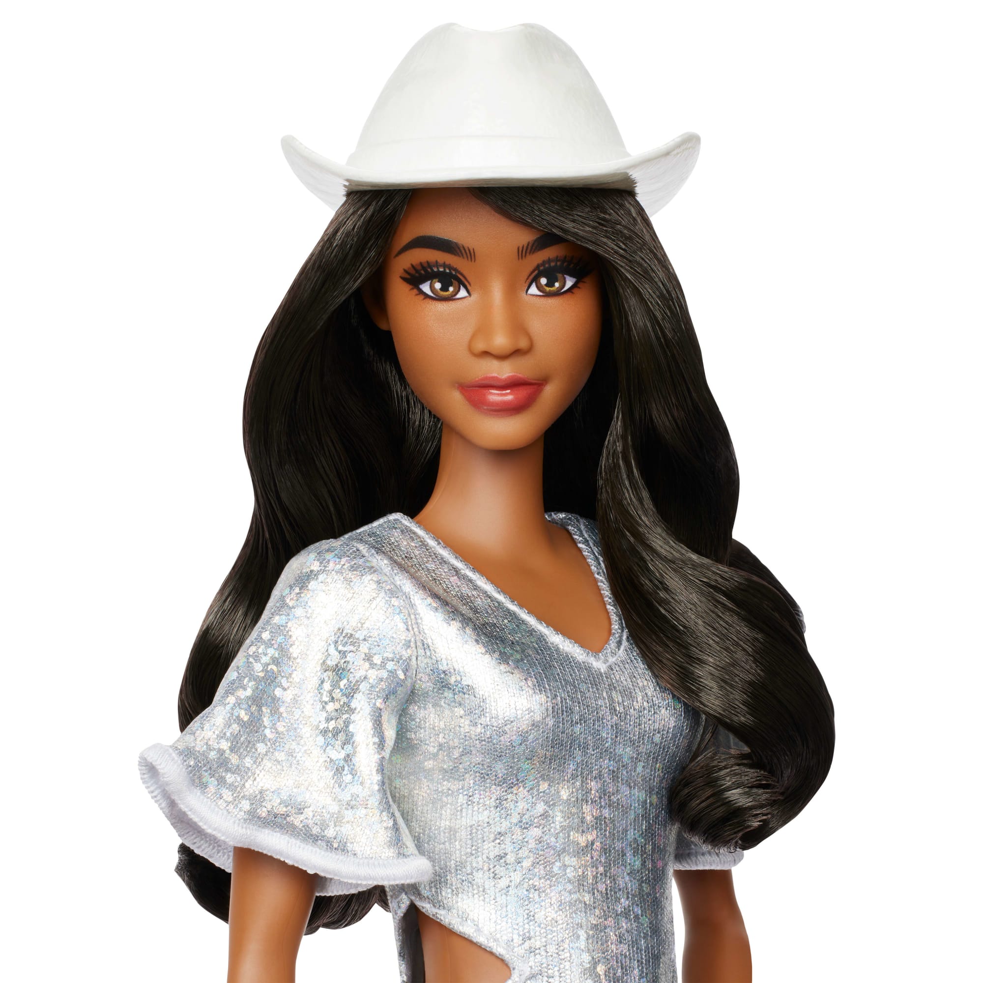 Barbie Fashionistas Lalka #239 Kowbojka, czarne włosy, brokatowa sukienka i kapelusz Zabawka 3+