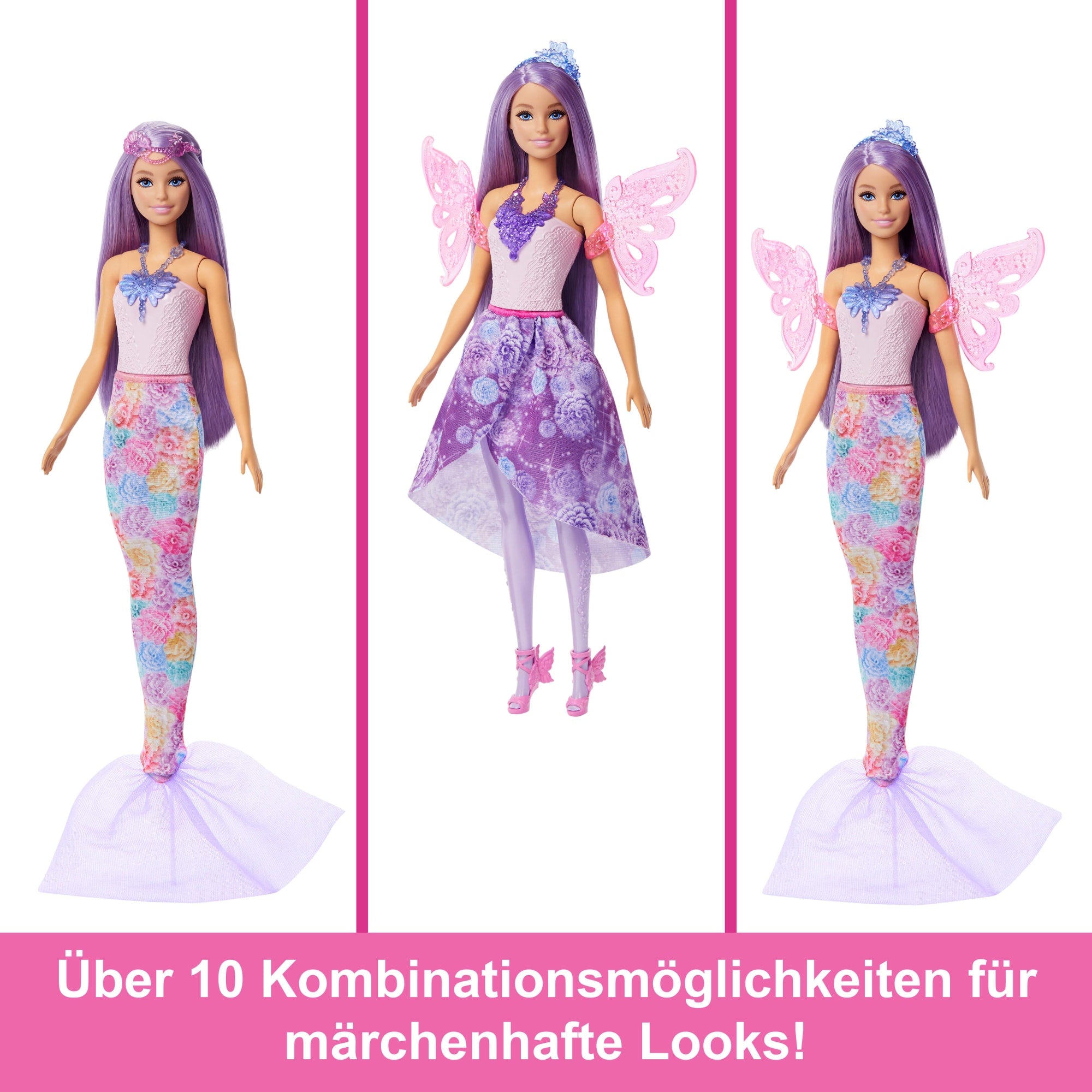 Barbie-Puppe Fantasie-Modeset Mit Accessoires Inklusive Meerjungfrauen-Schwanzflosse, Feenflügeln Und Ketten
