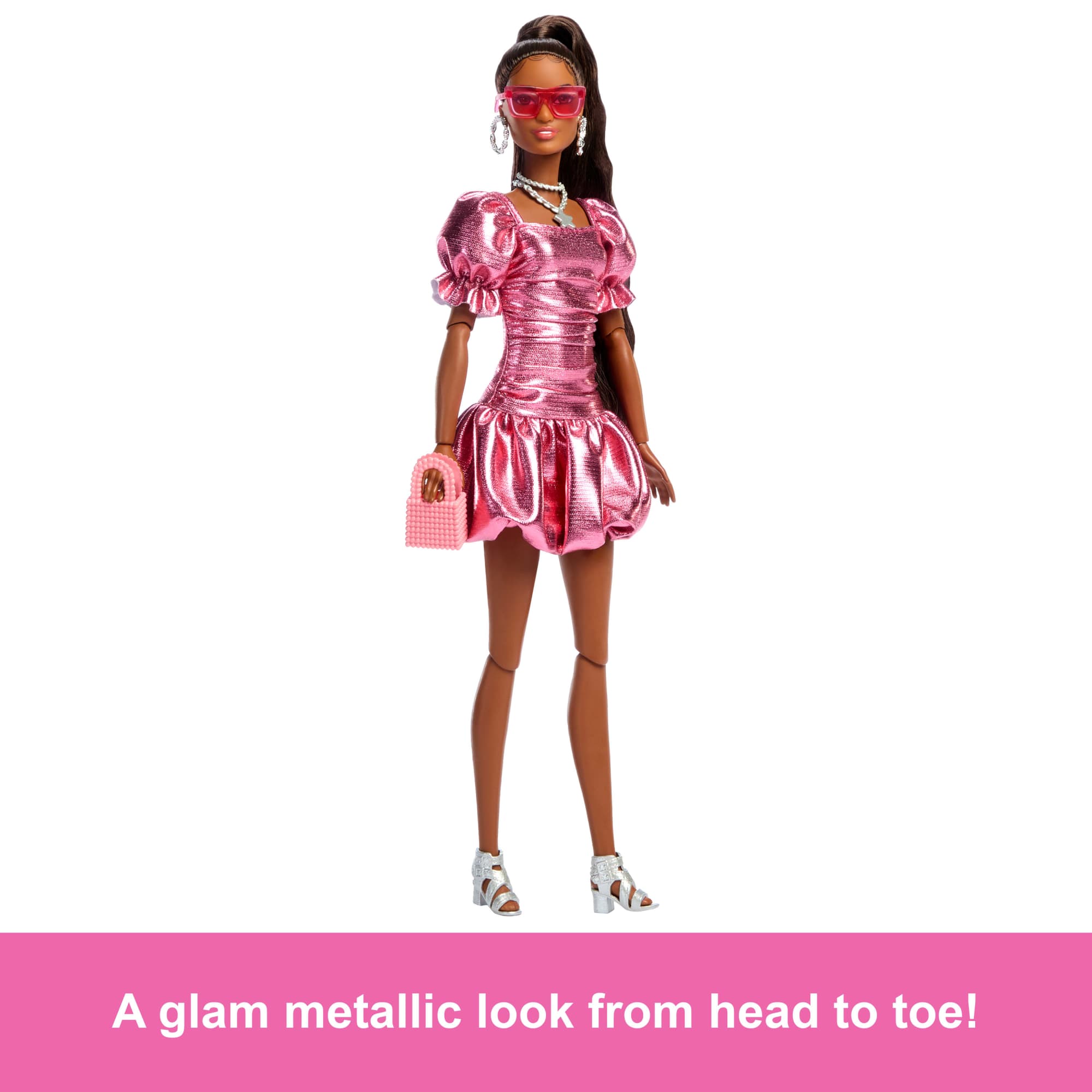 Barbie Deluxe Style Fashion Doll #6 in Metallic Coral Dress With Bubble Hem And Silvery Accessories