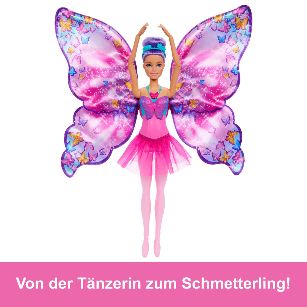 Barbie Tanz Und Flatter Puppe Mit 2-In-1-Verwandlung Von Der Tänzerin Zum Schmetterling, Violette Haare