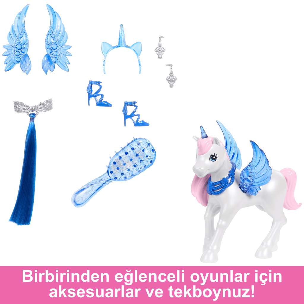 Barbie, 65. Yıla Özel, Mavi Saçlı, Pembe Elbiseli Bebek Ile Hayvan Dostu Kanatlı Tekboynuz