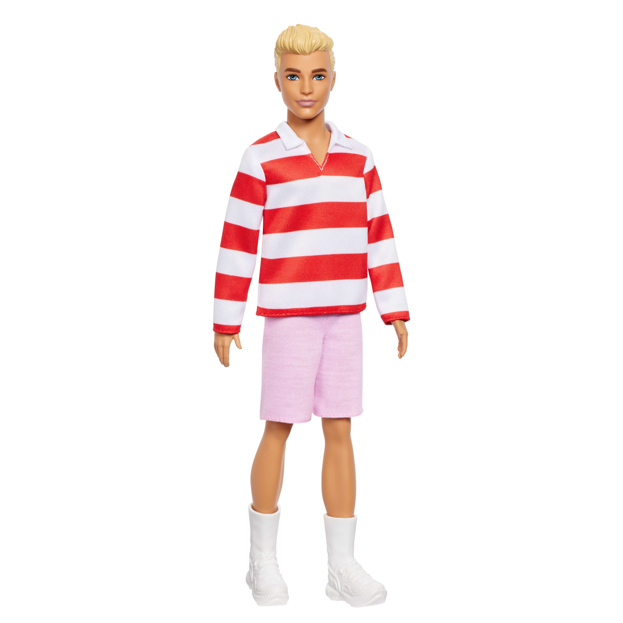 Barbie Fashionistas Ken-Puppe Nr. 241 in Rot-Weiß Gestreiftem Oberteil Und Rosafarbener Kurzer Hose Mit Weißen Sneakern, Blond