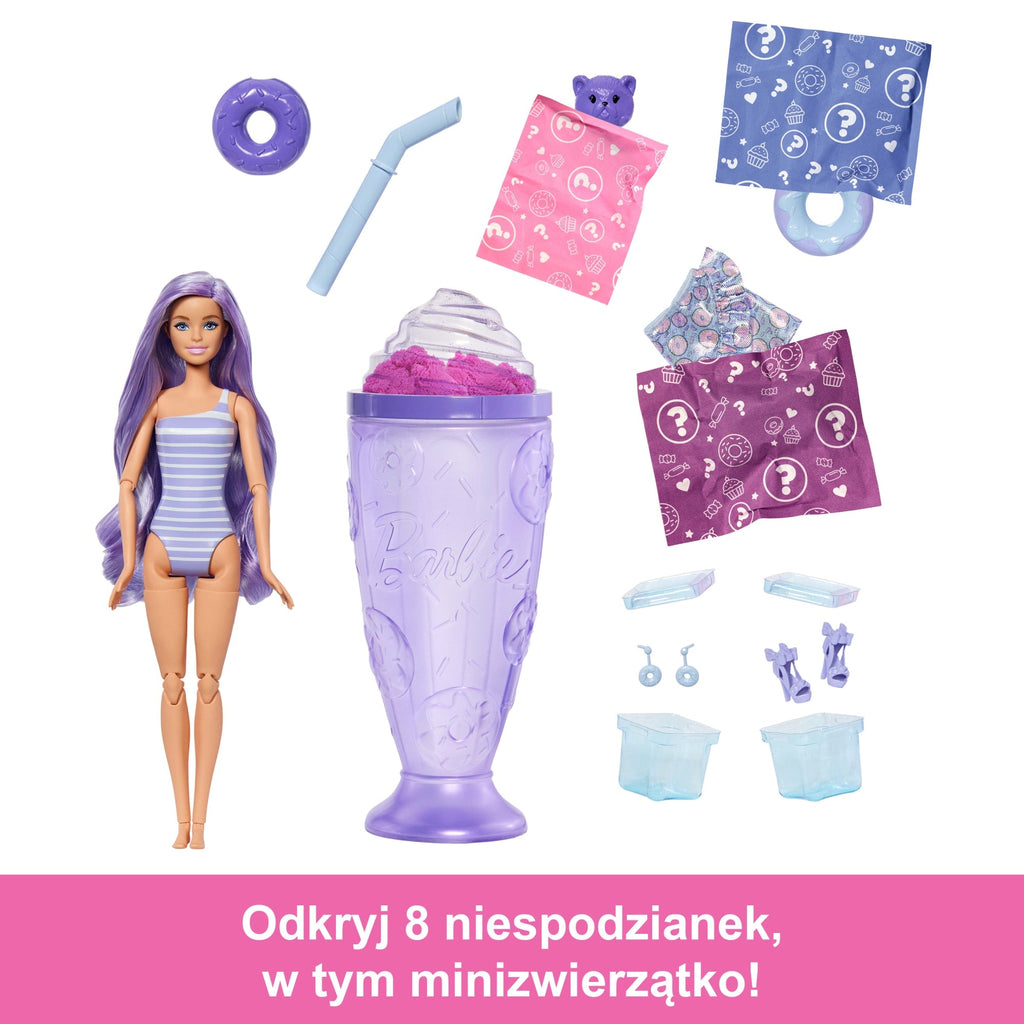 Barbie Pop Reveal Seria Stylowy deser Lalka, figurka zwierzątka i akcesoria Zestaw fioletowy Zabawka 3+