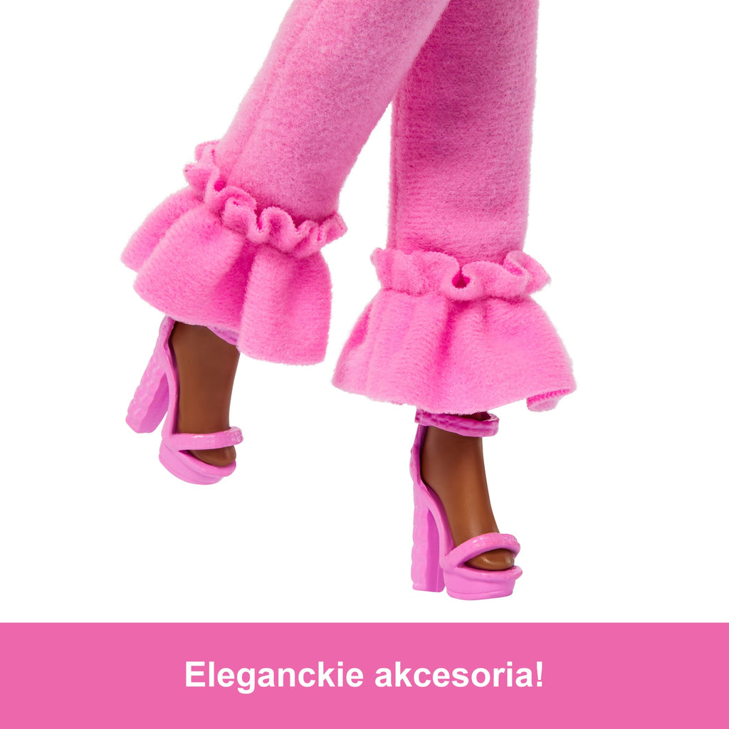 Barbie Deluxe Style Lalka #4  Różowy komplet, spodnie i futerkowy top Zabawka 4+