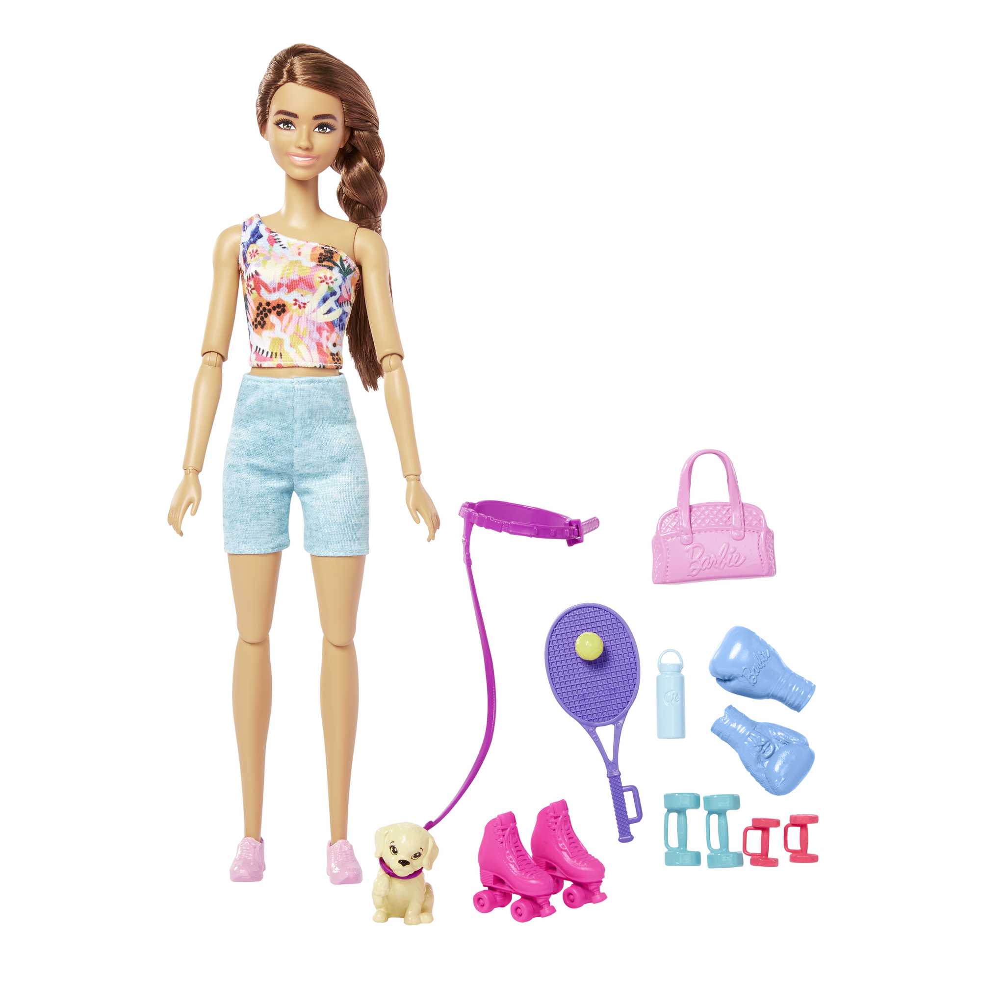 Yavru Köpeği, Spor Kıyafetleri, Patenleri Ve Tenis Raketiyle Barbie Bebek