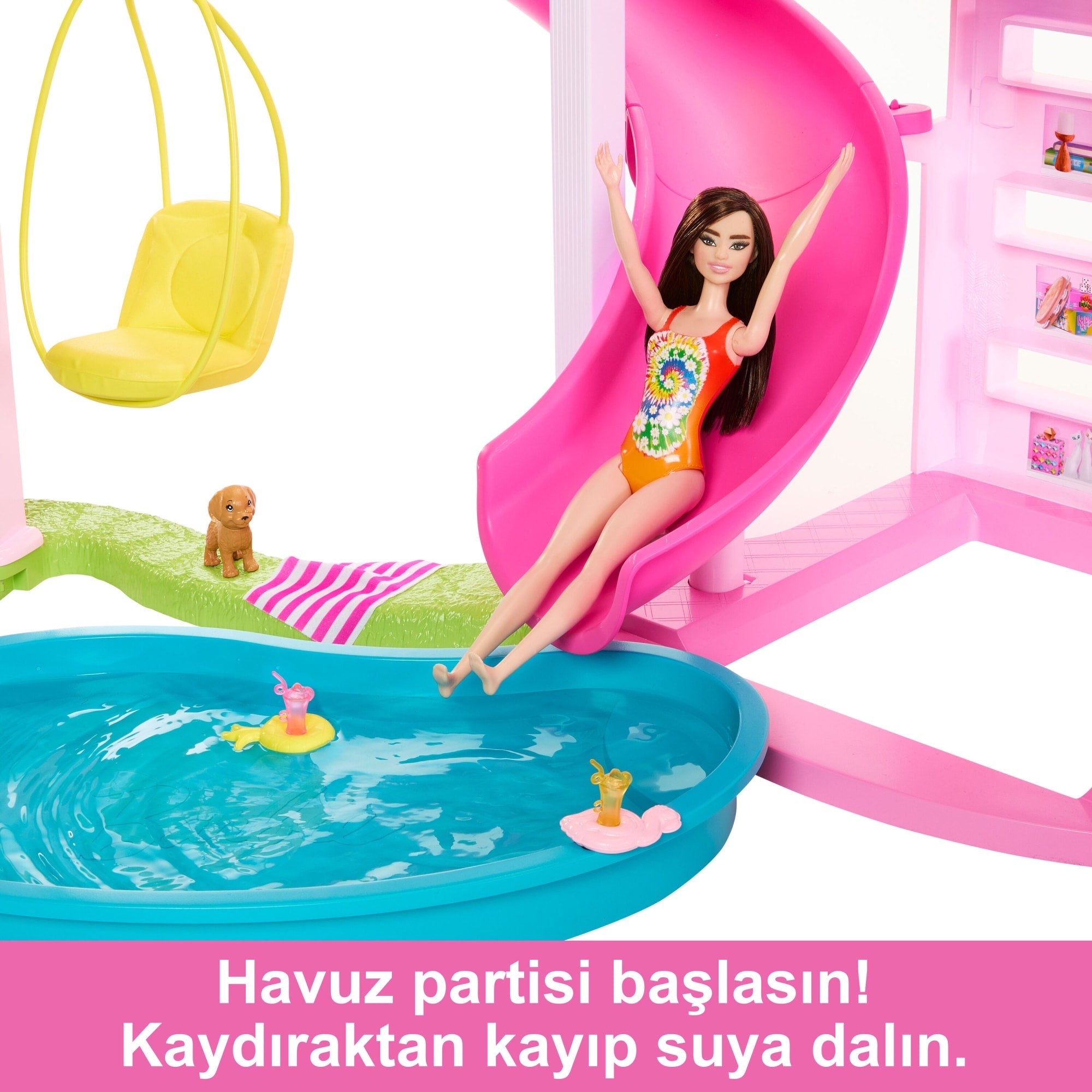 Barbie Rüya Evi, 75'Ten Fazla Parça, 3 Katlı Kaydıraklı Havuz Partisi Bebek Evi