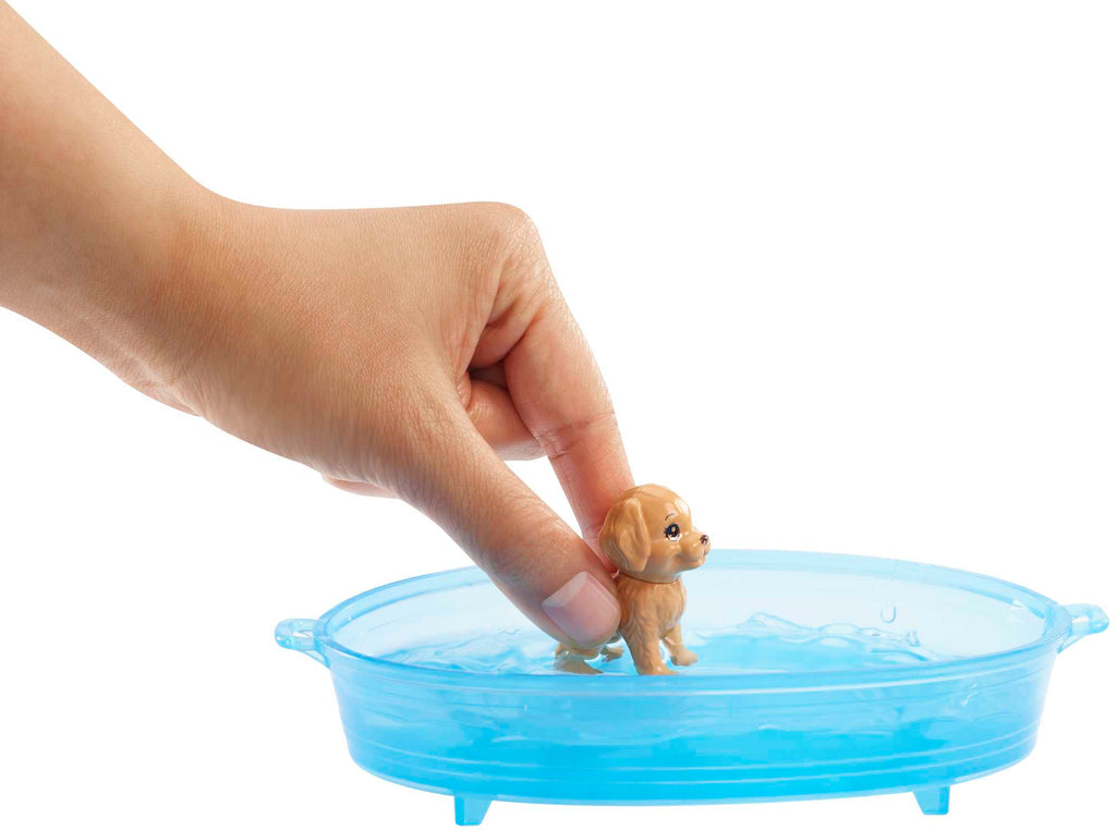Barbie Doll, Blonde, And Playset With 3 Puppies, Bathtub And Accessories