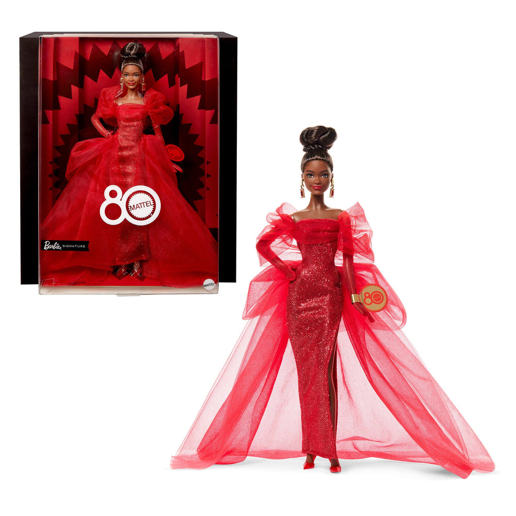 Muñeca Barbie Signature Coleccionable Del 80. Aniversario De Mattel, Vestido De Tul Rojo Brillante, Pelo Moreno
