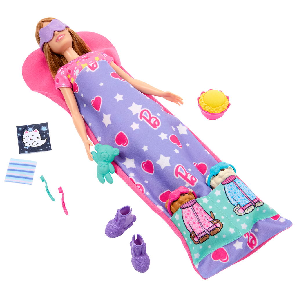 Κούκλα & Σετ Παιχνιδιού Barbie Sleepover Με Κουταβάκια, Με 2 Σκυλάκια & 10+ Αξεσουάρ, Λειτουργία Αλλαγής Χρώματος
