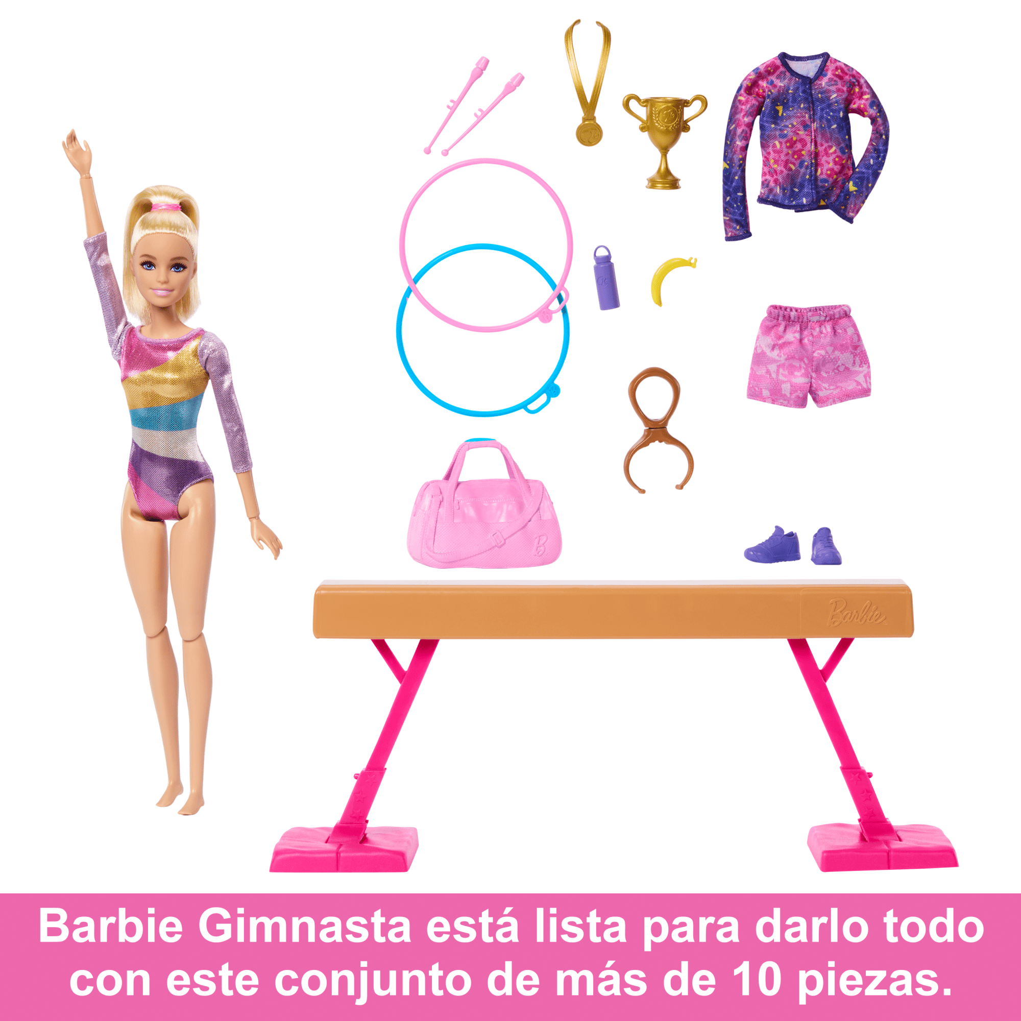 Conjunto De Juego Barbie Gimnasta Con Muñeca De Moda Rubia, Barra De Equilibrio, Más De 10 Accesorios Y Función De Volteretas