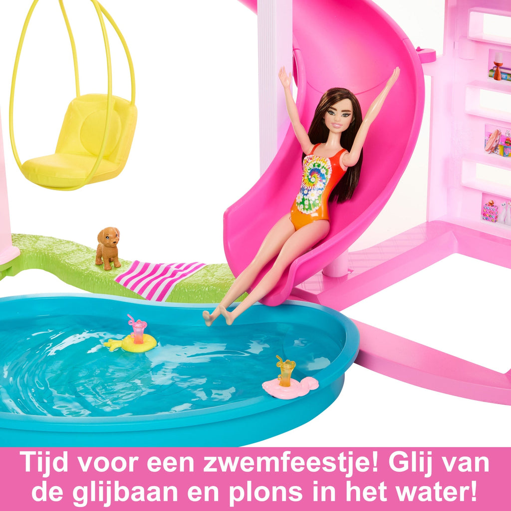 Barbie Droomhuis, Meer Dan 75 Onderdelen, Zwembadfeestje Poppenhuis Met Glijbaan Over 3 Verdiepingen