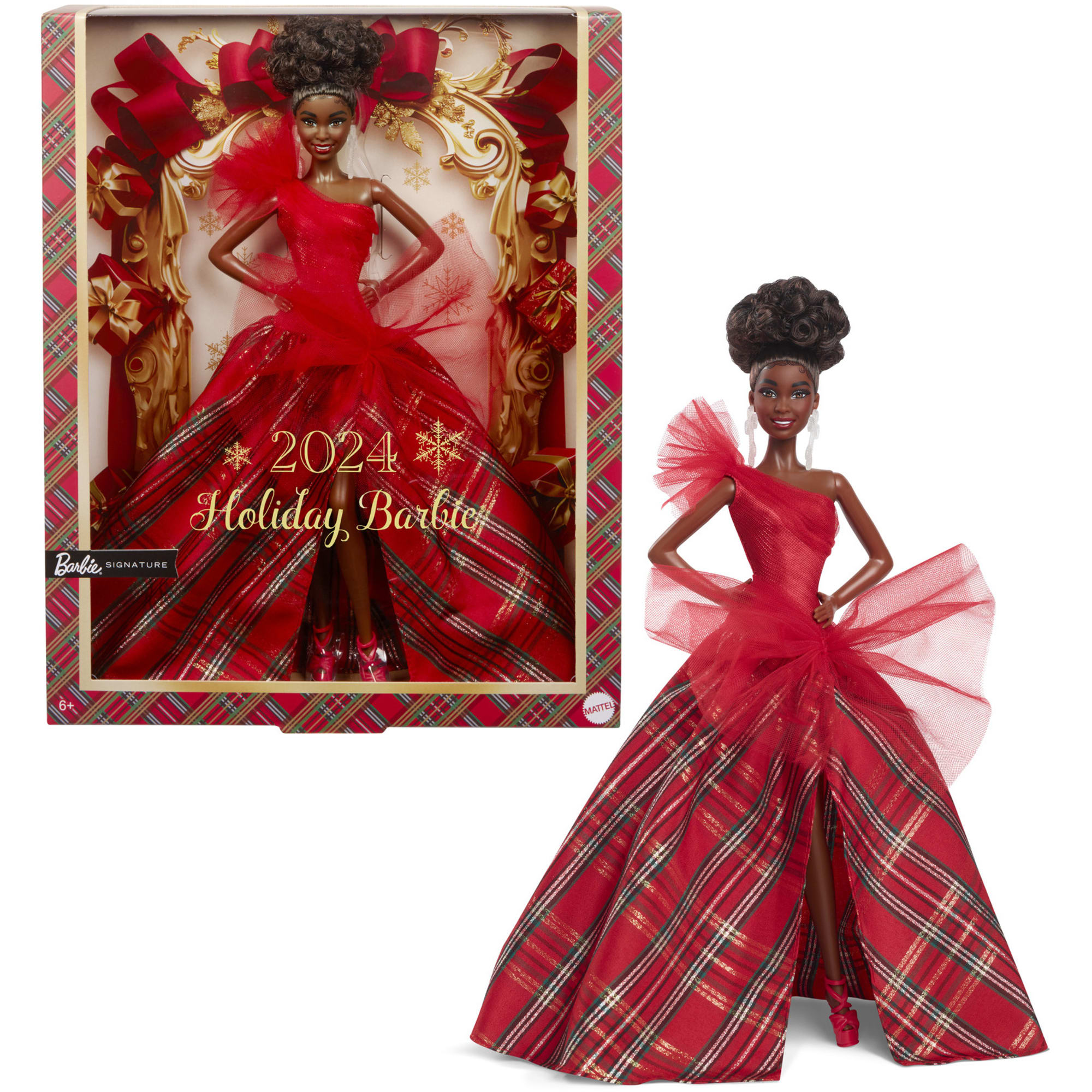 Barbie Poupée Barbie Joyeux Noël 2024 Poupée De Collection Aux Cheveux Noirs Avec Robe À Carreaux Dans Un Emballage À Exposer