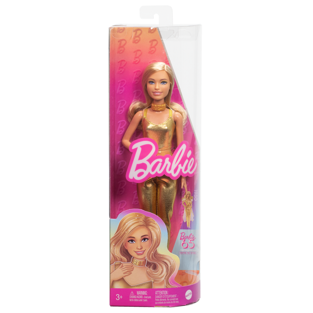 Barbie Fashionistas Pop #222, Petite Met Blond Golvend Haar, Gouden Jumpsuit, 65Ste Verjaardag