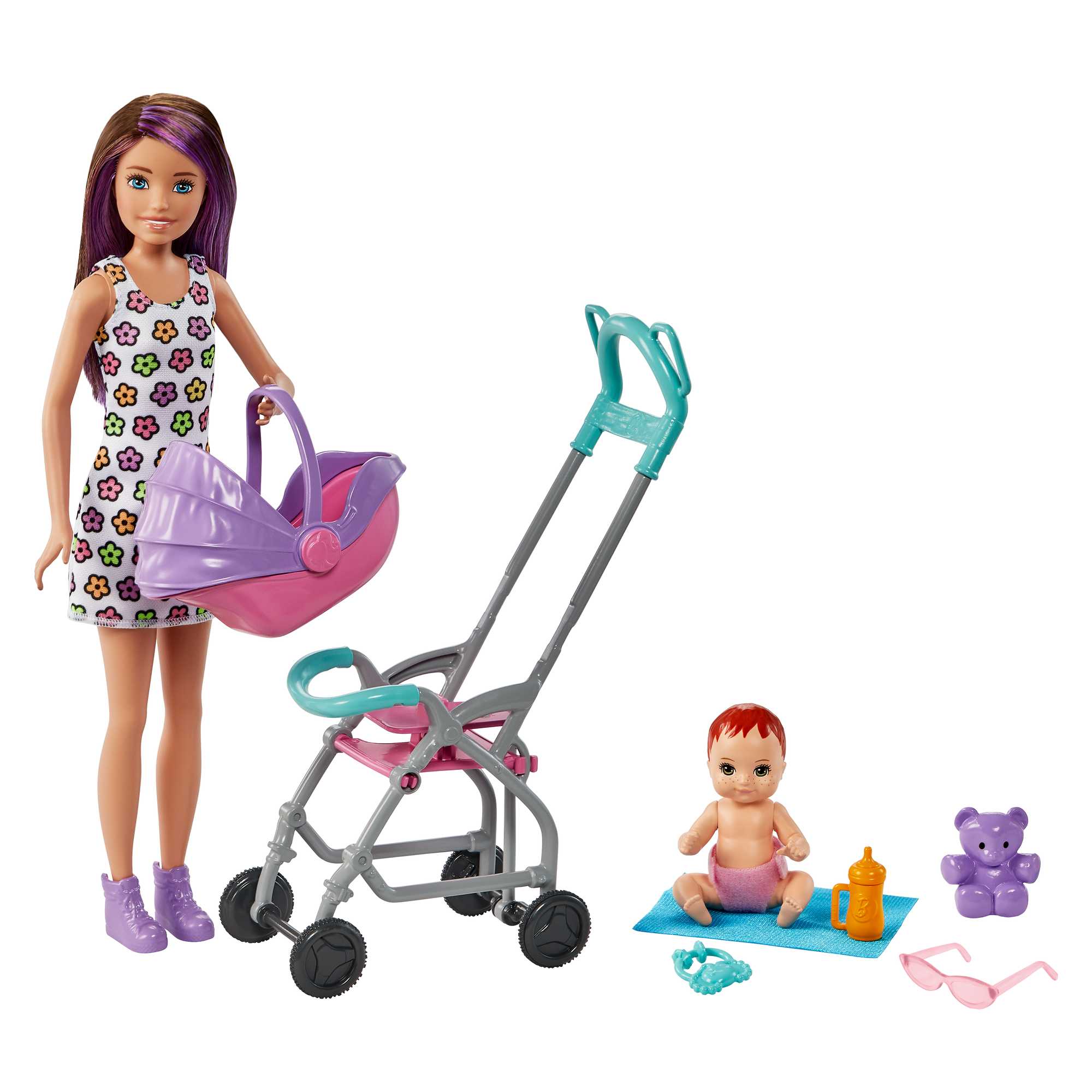 Barbie Skipper Klub Opiekunek Spacerówka Zestaw i 2 lalki, dla dzieci od 3 roku życia