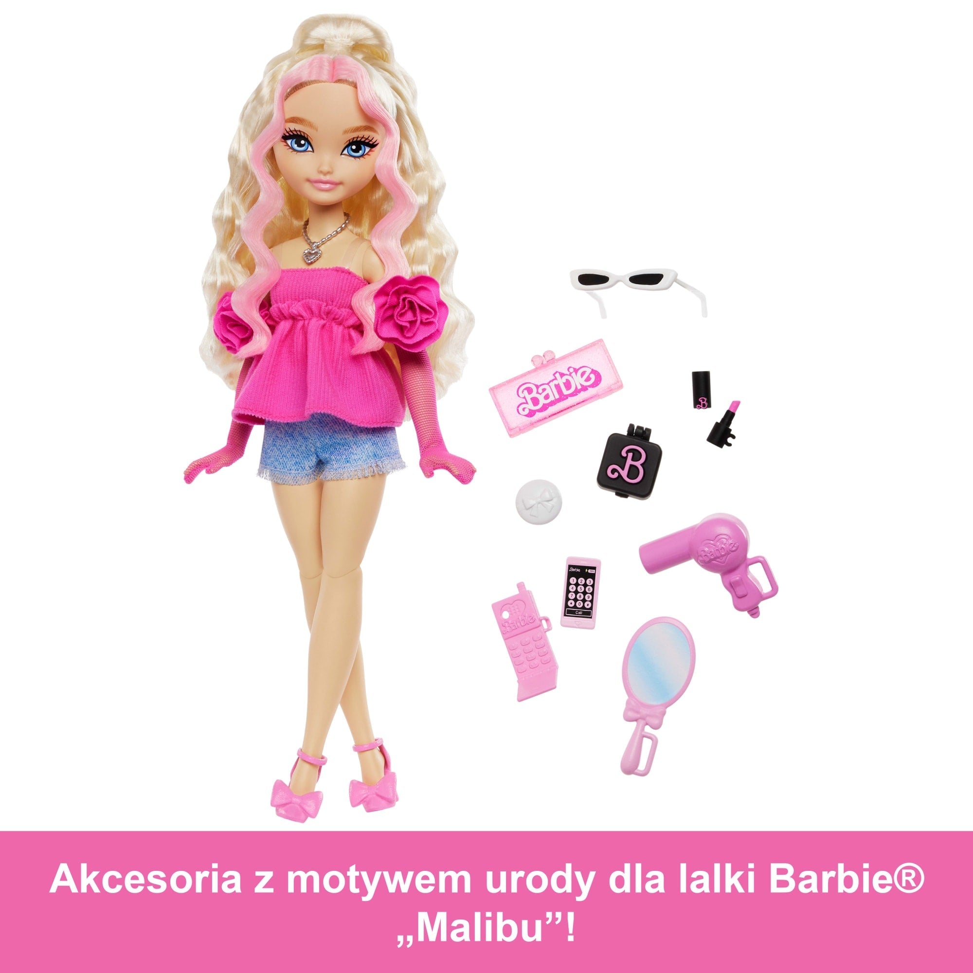 Barbie Dream Besties Malibu Lalka modowa z 8 akcesoriami z motywem makijażu i urody