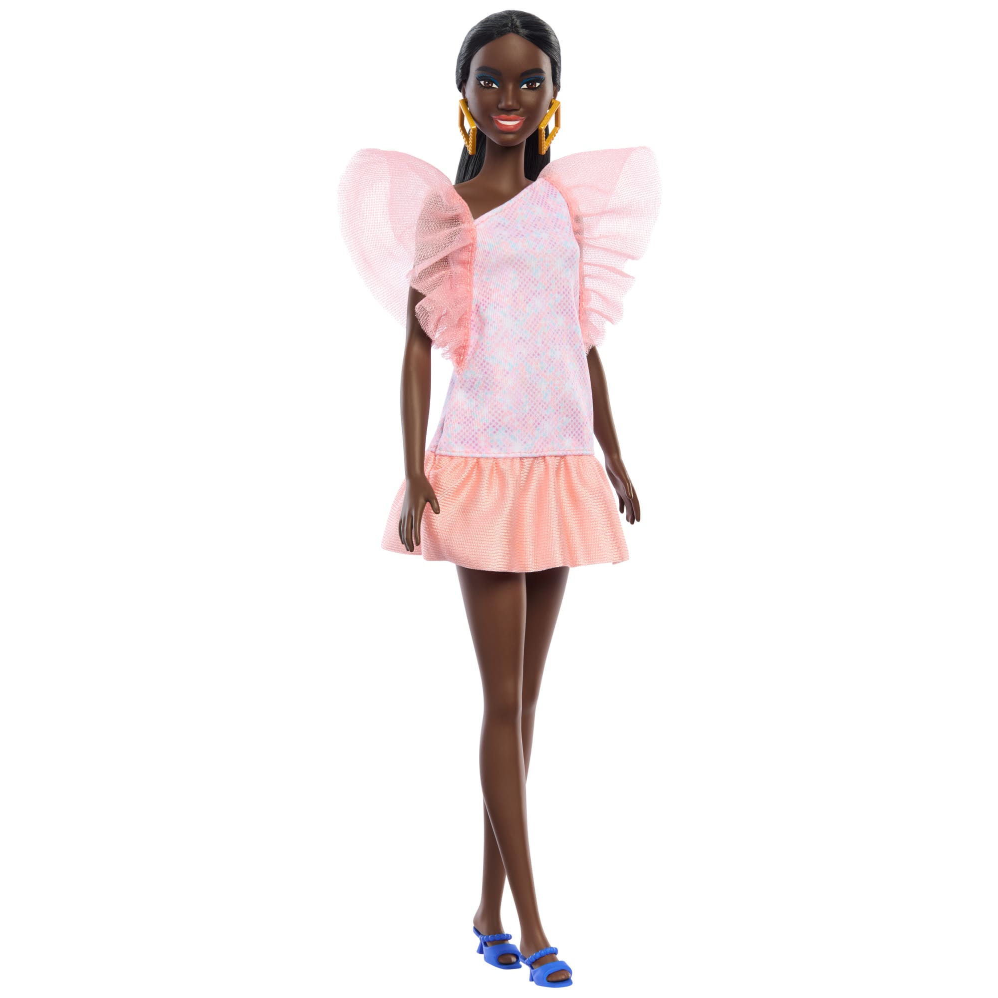 Barbie Fashionistas Puppe Nr. 216 Mit Großem Körperbau, Schwarzen Glatten Haaren Und Apricotfarbenem Kleid, 65-Jähriges Jubiläum