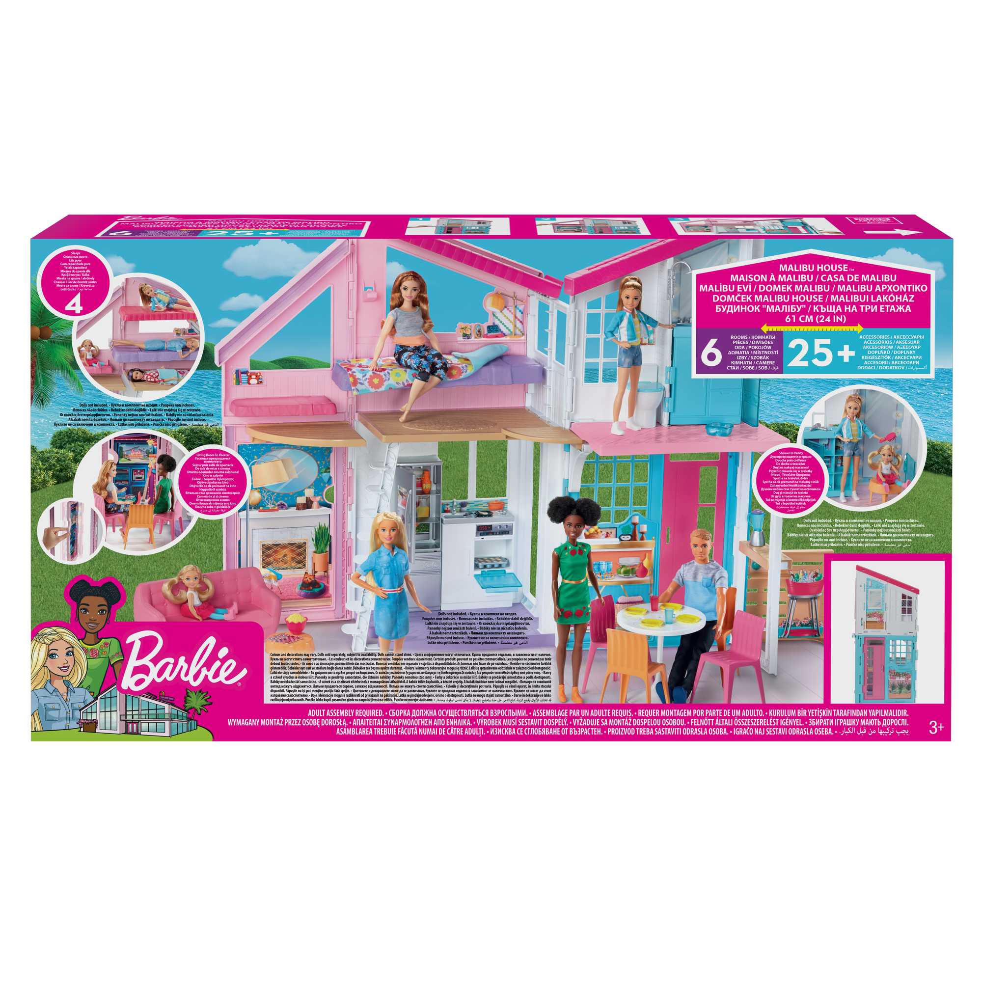 Barbie Domek Barbie Malibu: 2 poziomy, 6 pomieszczeń, funkcje transformacji oraz ponad 25 akcesoriów