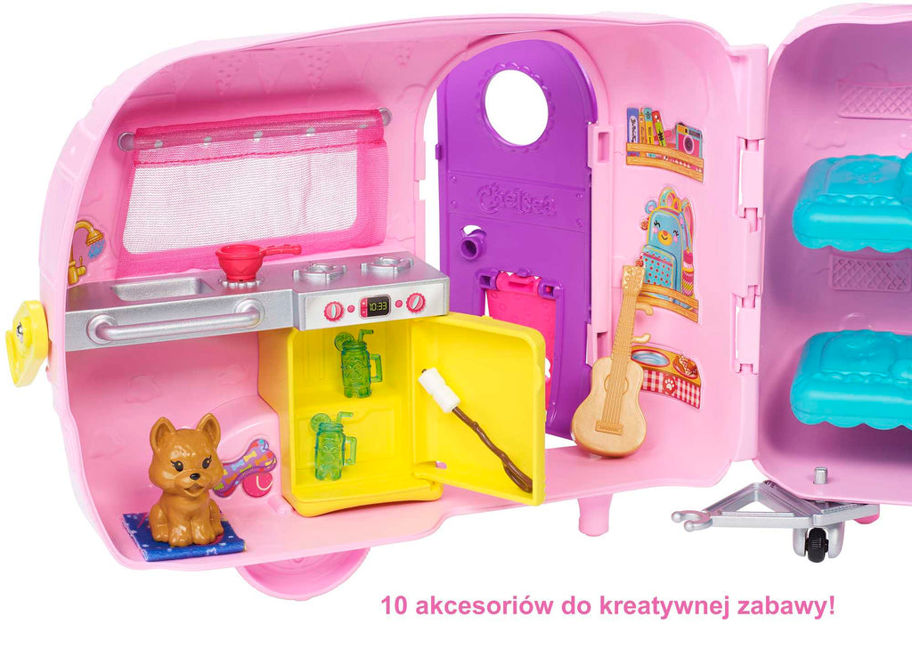 Barbie Przyczepa kempingowa Chelsea + lalka, szczeniaczek, samochód i akcesoria