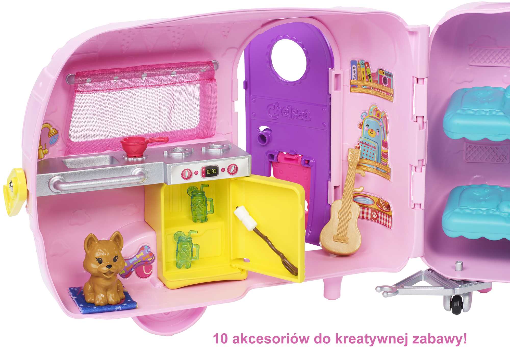 Barbie Przyczepa kempingowa Chelsea + lalka, szczeniaczek, samochód i akcesoria