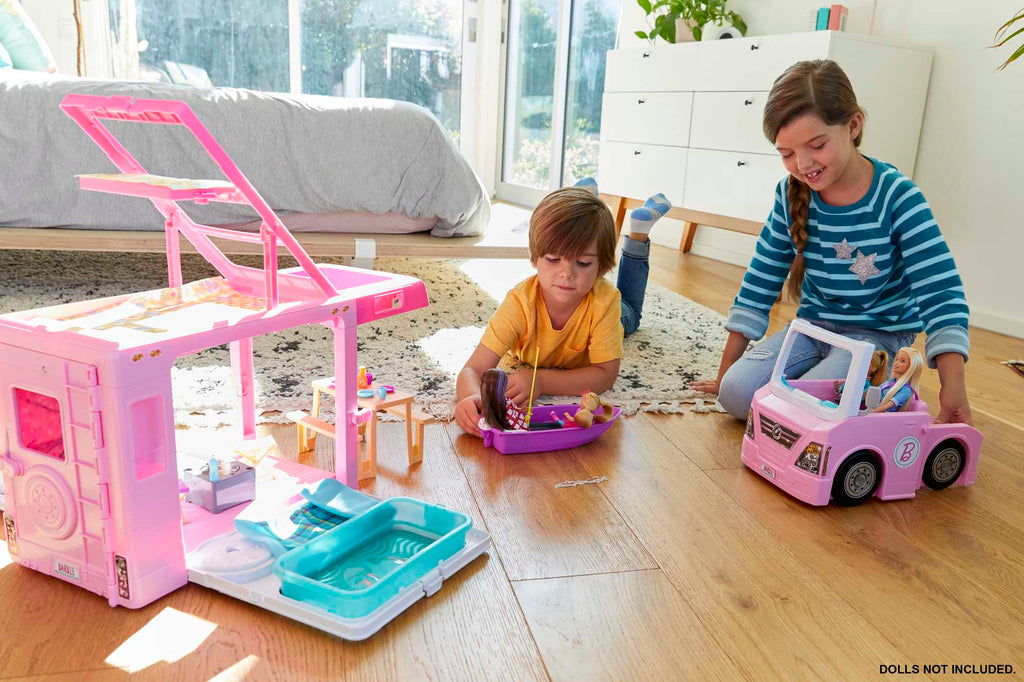 Barbie Caravana Para Acampar 3 En 1 Con Piscina, Camioneta, Barca Y 5  Accesorios (Mattel Ghl93)