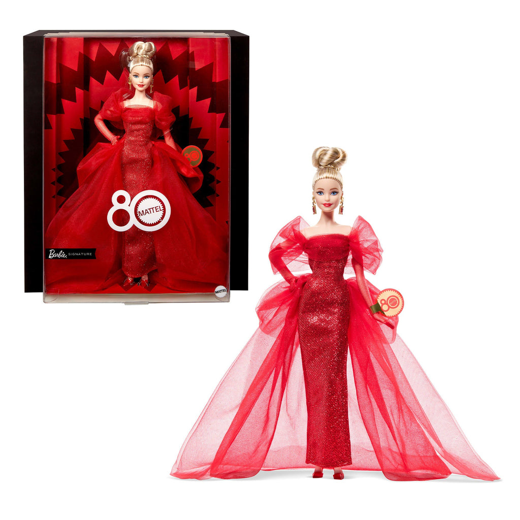Barbie Signature, Bambola Da Collezione, 80 Anniversario Mattel, Abito in Tulle Rosso Scintillante, Bionda