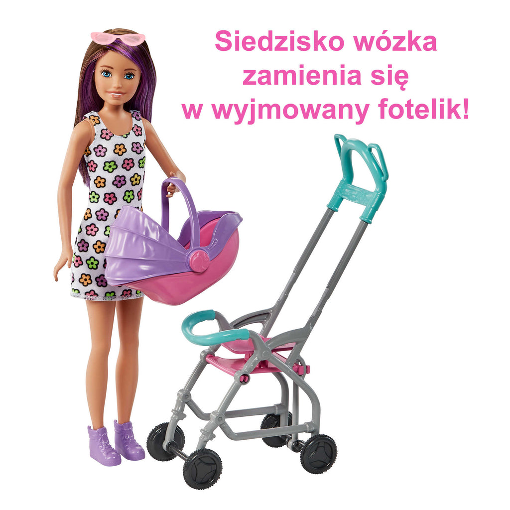 Barbie Skipper Klub Opiekunek Spacerówka Zestaw i 2 lalki, dla dzieci od 3 roku życia