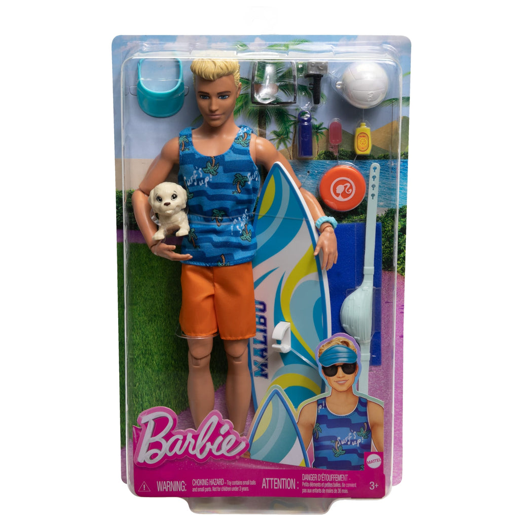 Barbie Coffret Surf Ken - Poupée Blonde Articulée, Planche De Surf, Chiot Et Accessoires
