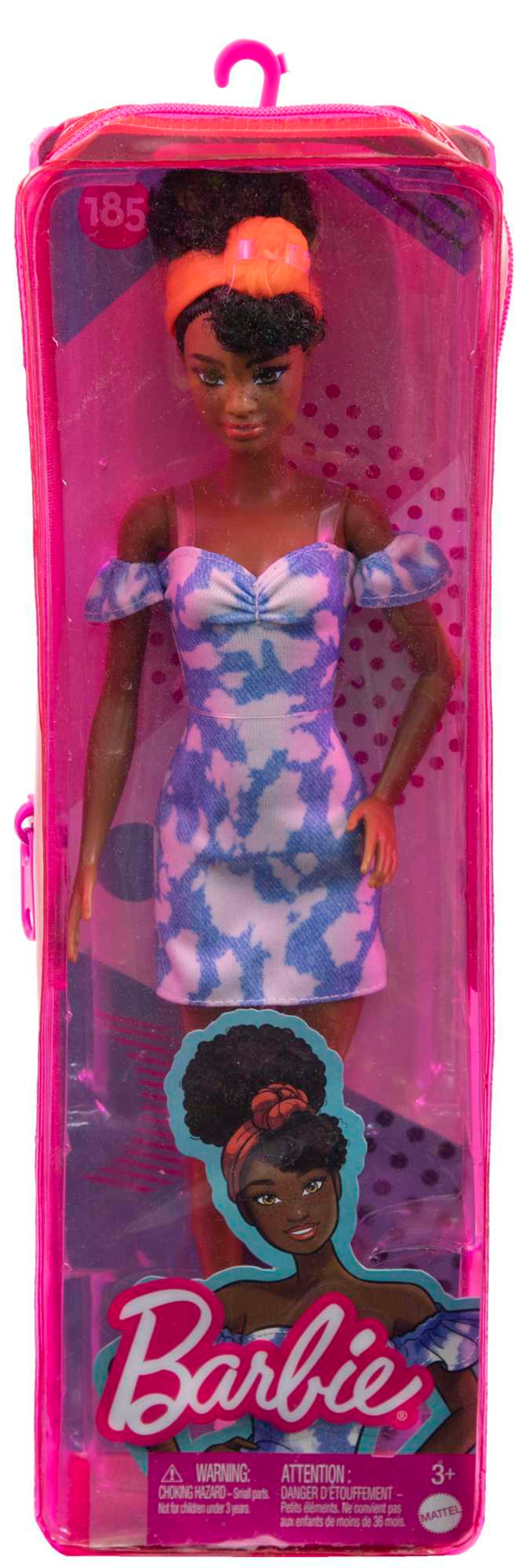 Barbie Fashionistas Puppe Im Schulterfreien Gebleichten Jeanskleid, Schwarze Haare, Bandana, Für Kinder Von 3 Bis 8 Jahren