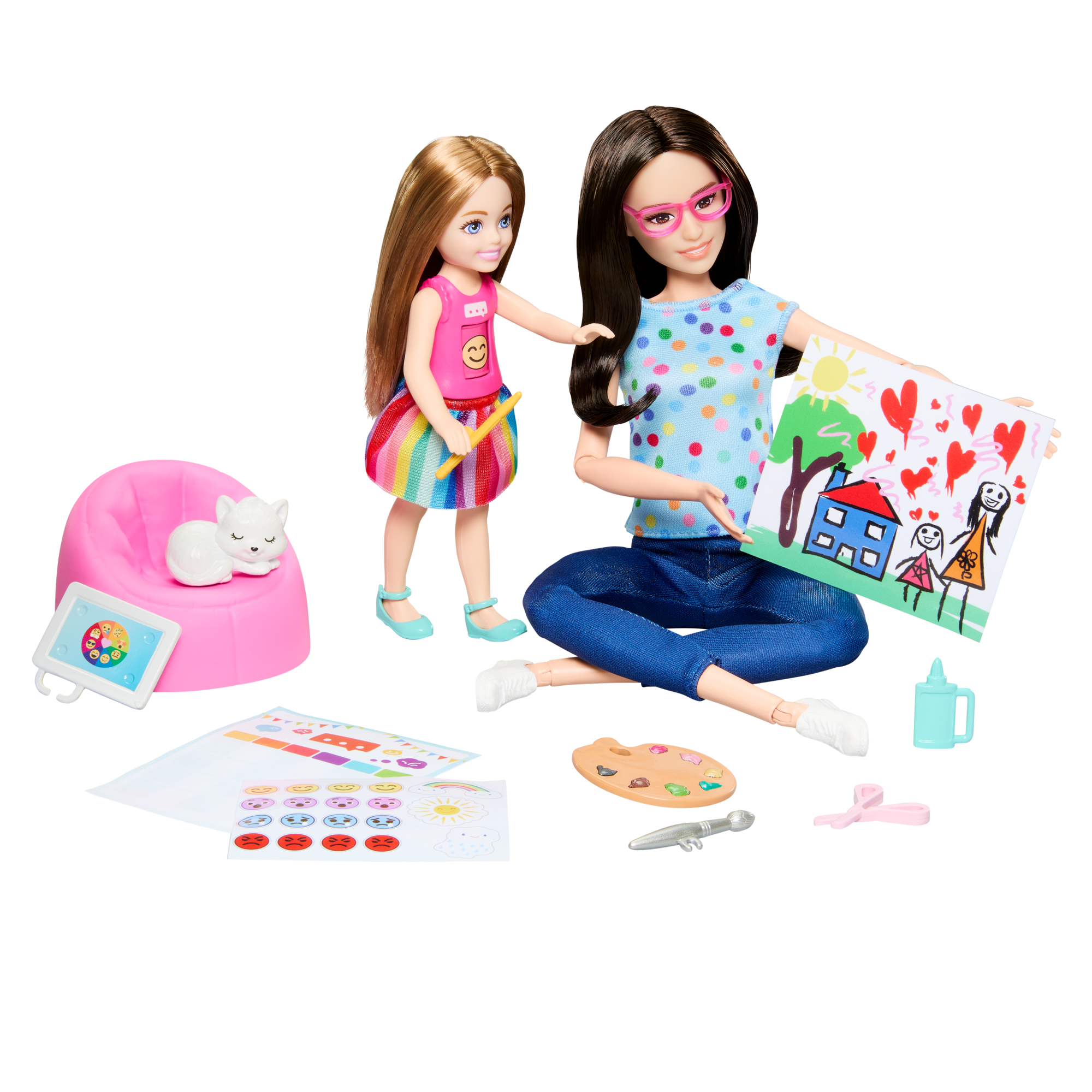 Barbie & Chelsea Δασκάλα Καλλιτεχνικών Με 2 Κούκλες, Κατοικίδιο & Αξεσουάρ, Μπλουζάκι Με Περιστρεφόμενη Φατσούλα