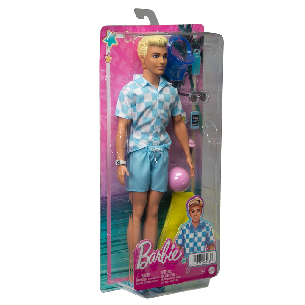 Blonde Ken Doll With Swim Trunks And Beach-Themed Accessories