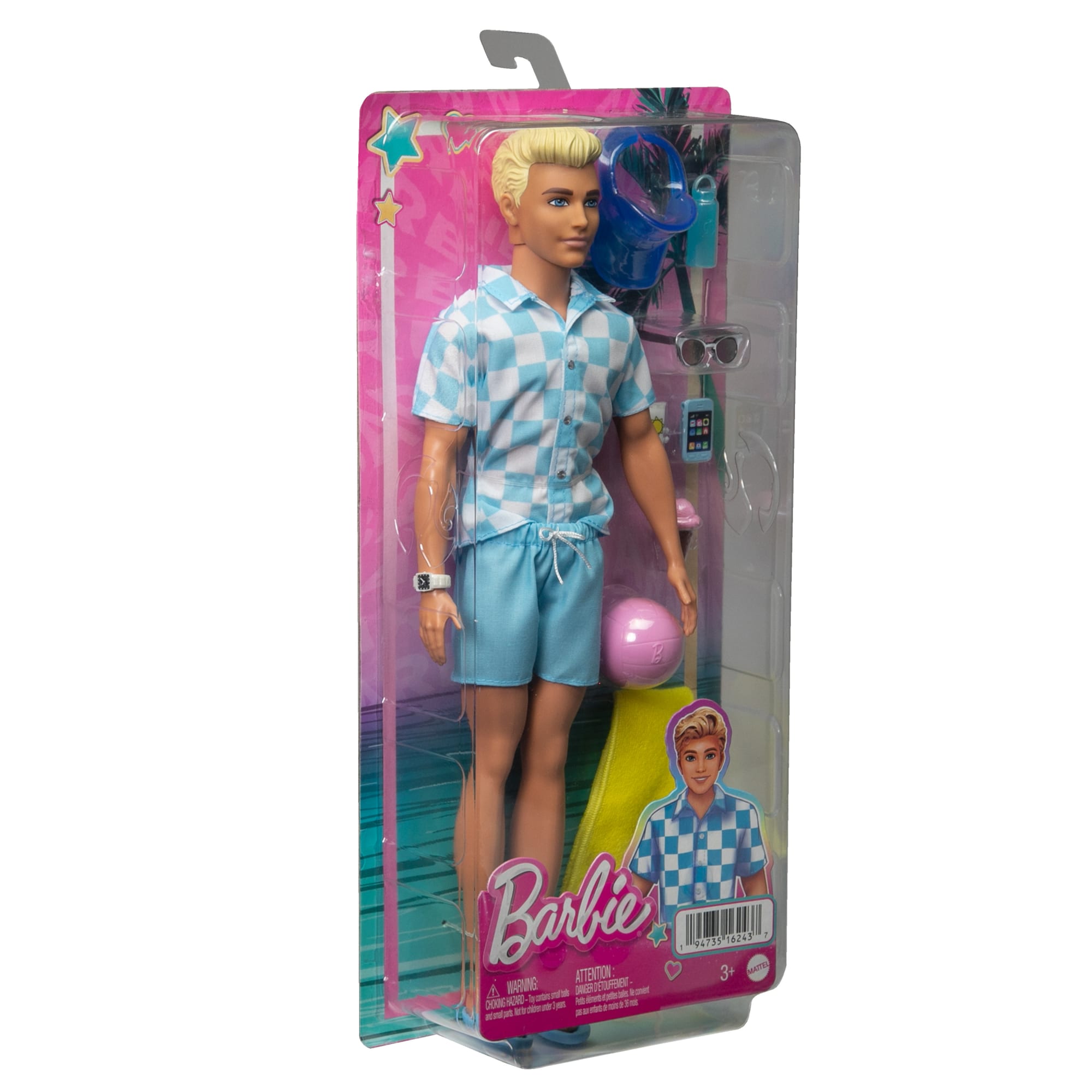 Blonde Ken Doll With Swim Trunks And Beach-Themed Accessories