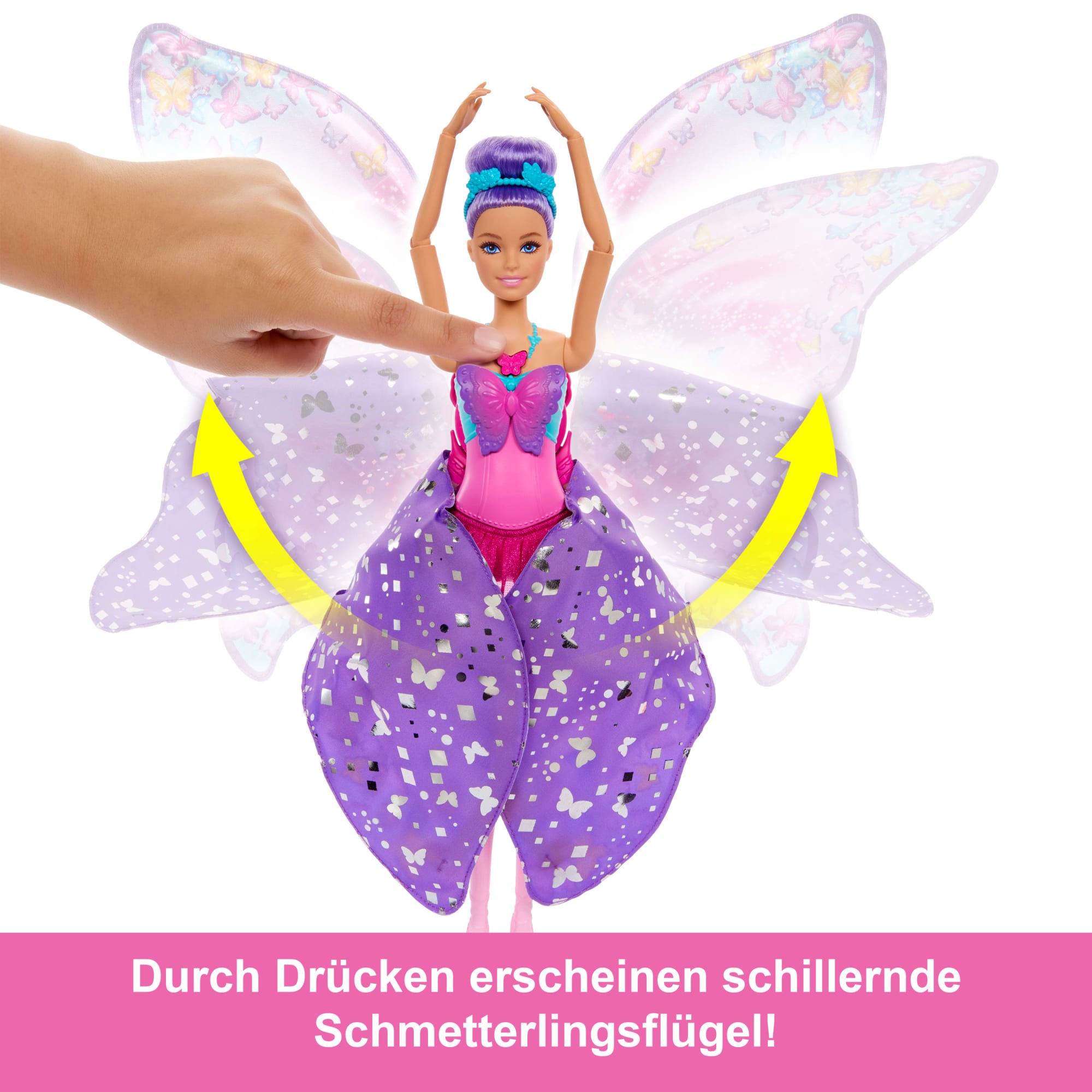 Barbie Tanz Und Flatter Puppe Mit 2-In-1-Verwandlung Von Der Tänzerin Zum Schmetterling, Violette Haare