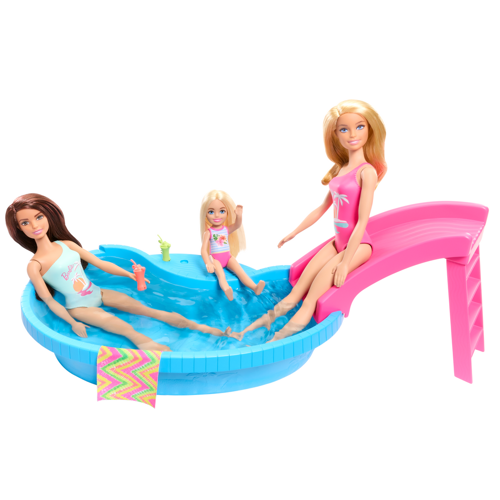 Barbie Pop En Zwembad, Speelset, Blonde Pop Met Zwembad, Glijbaan, Handdoek En Drinkaccessoires