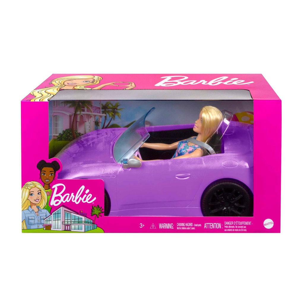 Barbie con descapotable Muñeca rubia con coche de juguete morado para muñecas