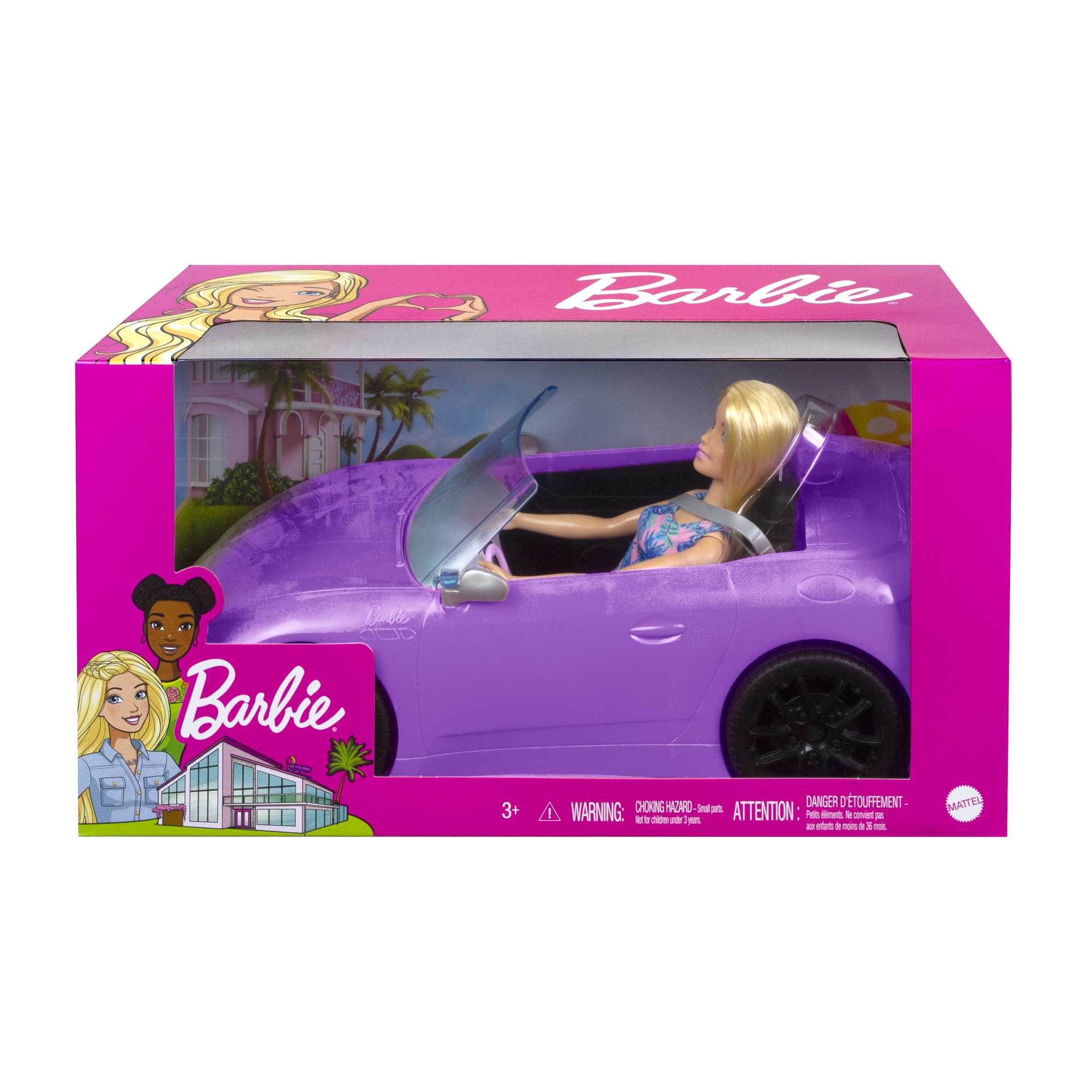 Barbie con descapotable Muñeca rubia con coche de juguete morado para muñecas