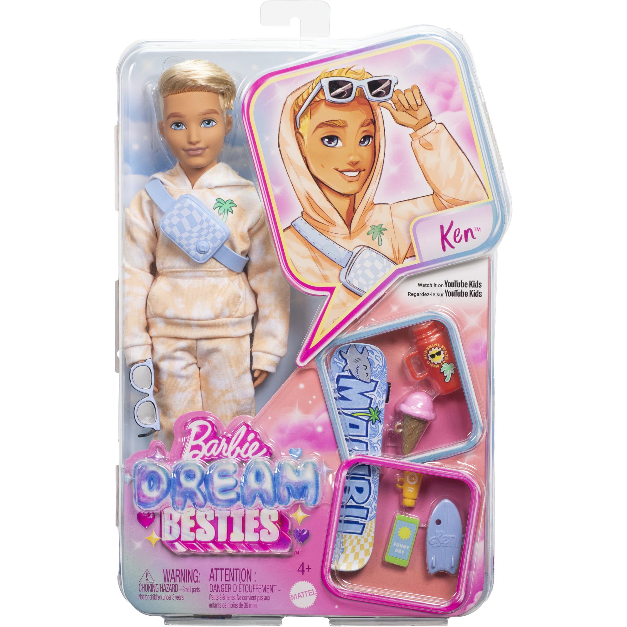 Muñeco De Moda Ken De Barbie Dream Besties Con 9 Accesorios Temáticos De Verano Y Monopatín