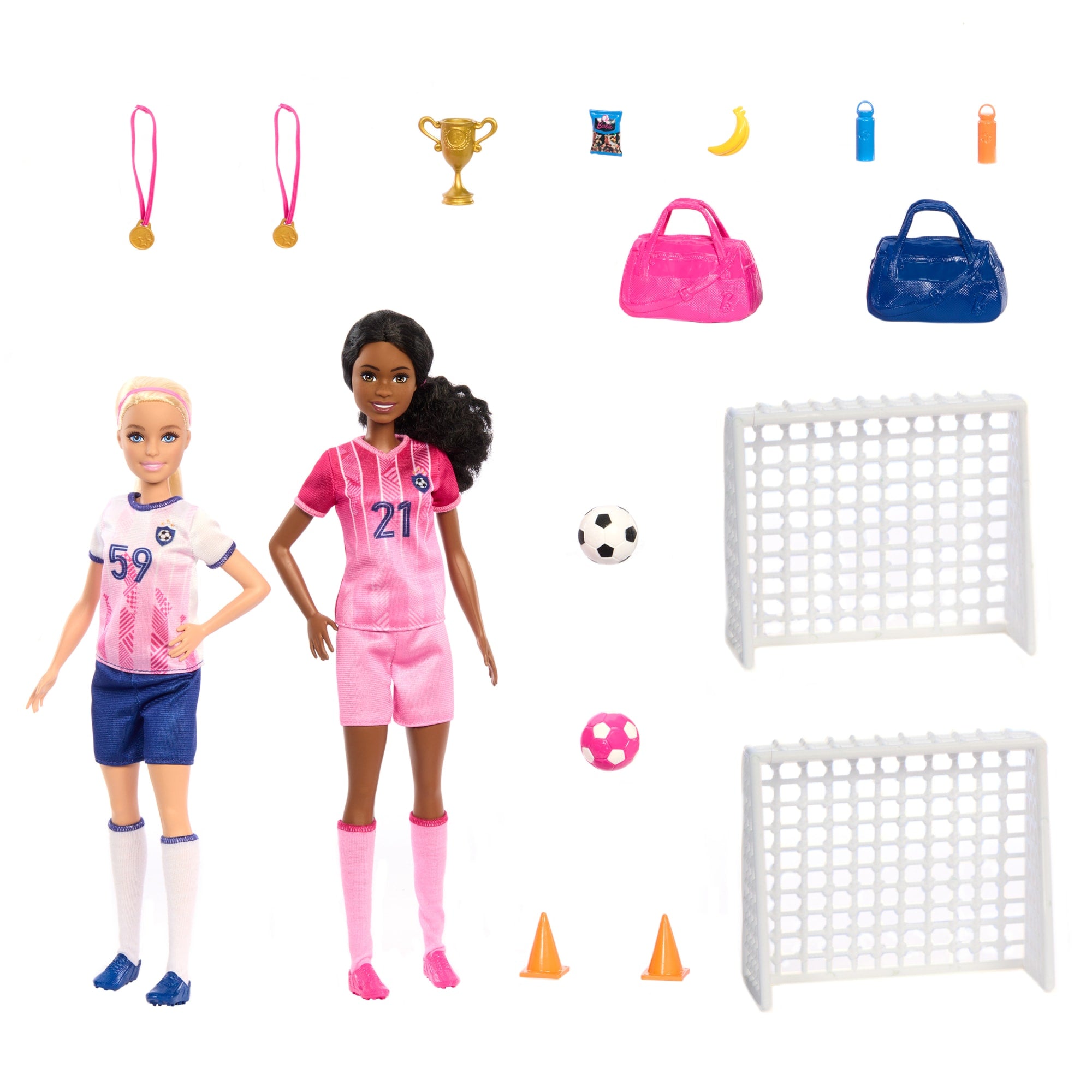 Barbie Futbol Oyun Seti, 2 Bebek 15 Aksesuar, 2 Kale, 2 Futbol Topu Ve Daha Fazlası