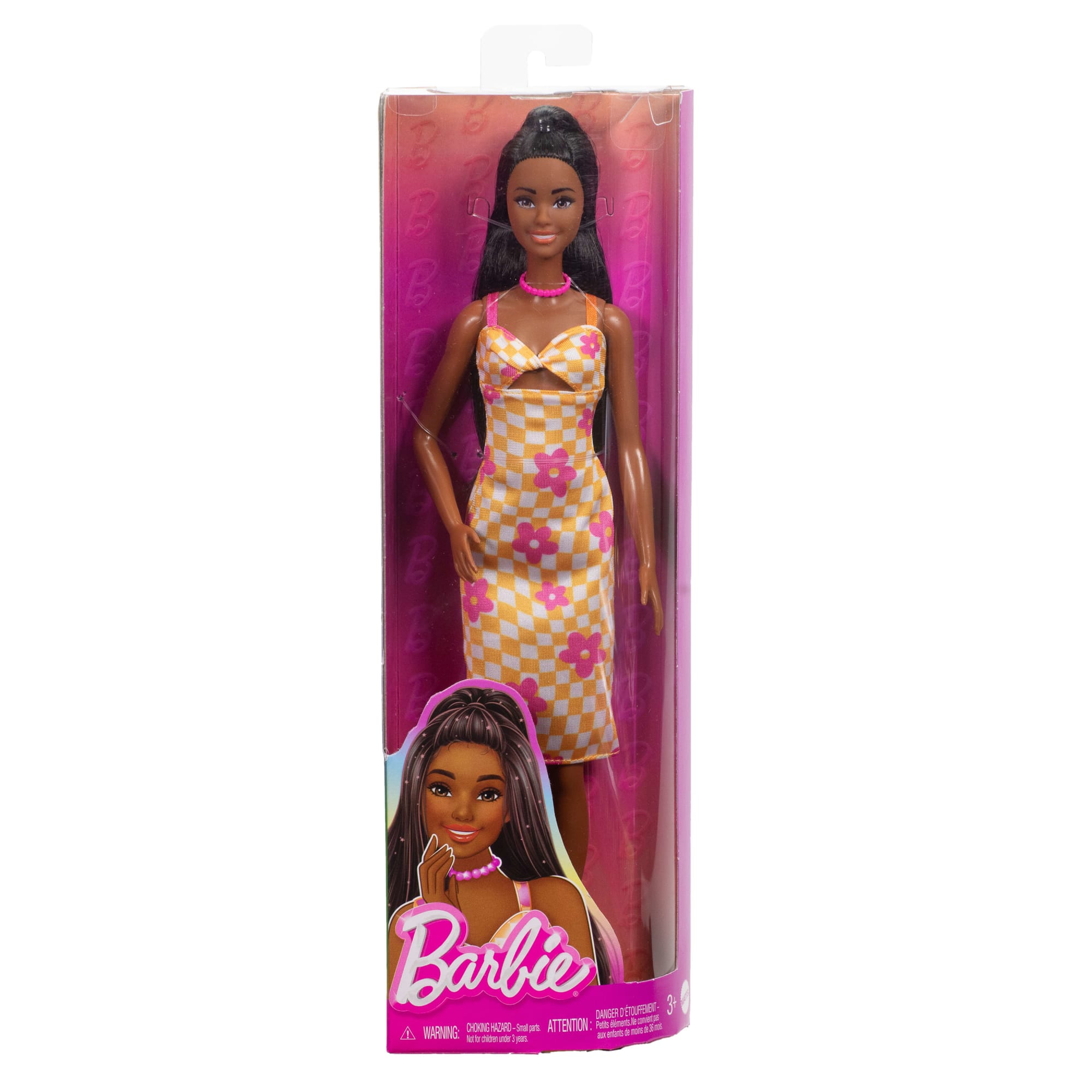 Barbie Fashionistas Doll #233 in Checkered Flower Midi Dress, Black Hair