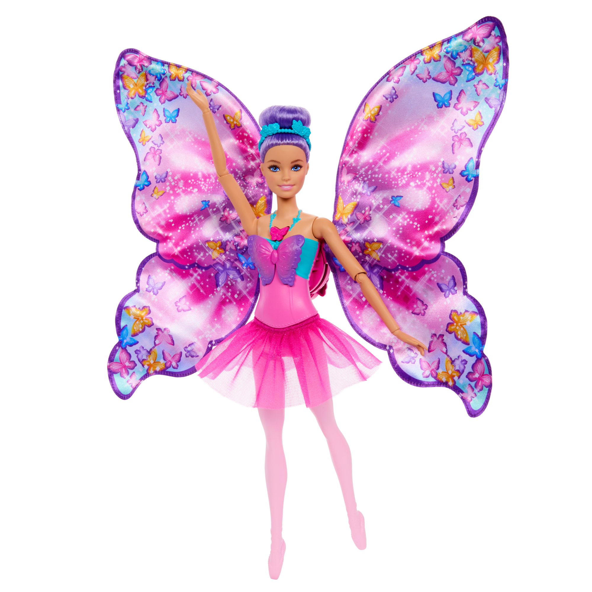 Dansçıdan Kelebeğe Dönüşebilen 2'Si 1 Arada Mor Saçlı Barbie Kelebek Dansçı Bebek