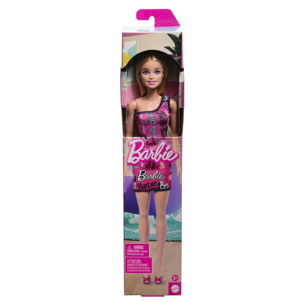 Bambola Barbie Con Capelli Biondi Lisci, Abito Rosa E Scarpe Con Stampa Del Logo Rimovibili