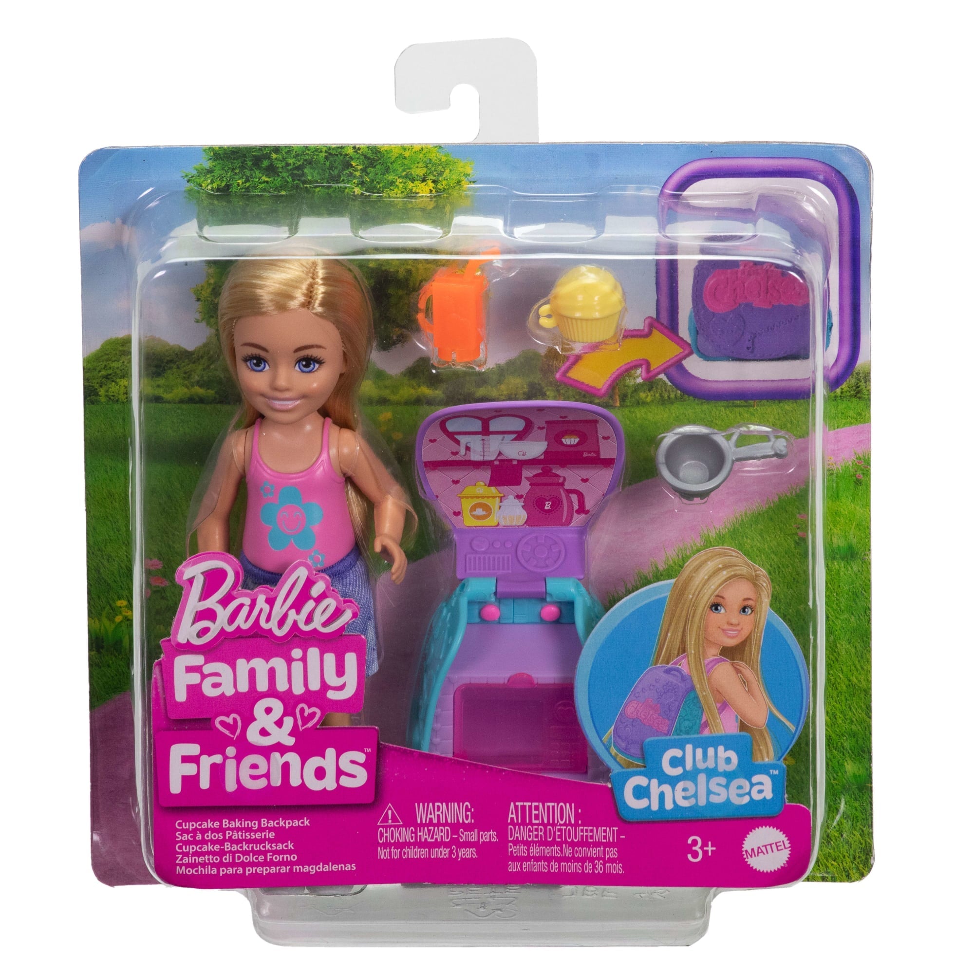 Barbie Family & Friends Cupcake Backende Chelsea Mit Rucksack, Chelsea-Puppe Und Accessoires, Rucksack Mit Cupcake-Spielzeug