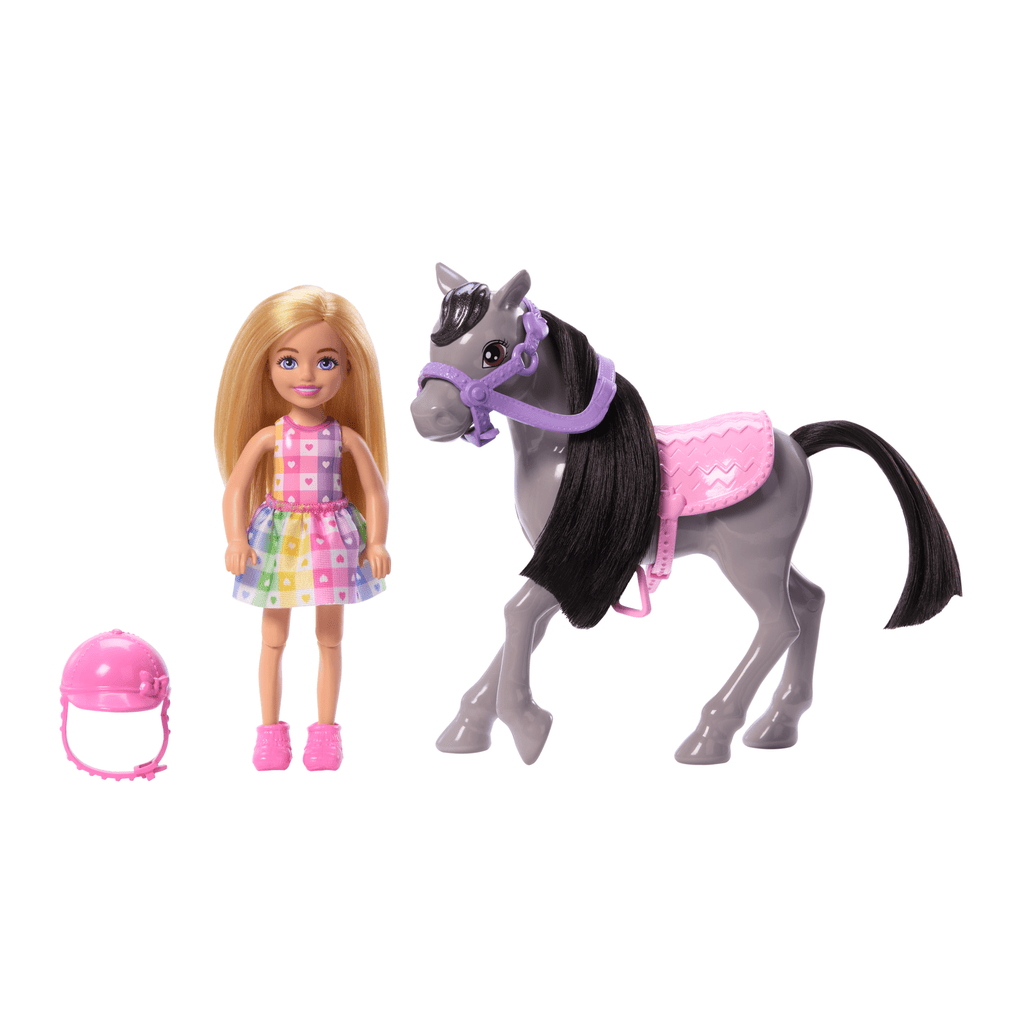 Barbie Chelsea Spielzeugset Mit Puppe Und Pferd, Enthält Helm-Zubehörteil, Puppe Kann Zum Reiten“ Die Knie Anwinkeln, Pony